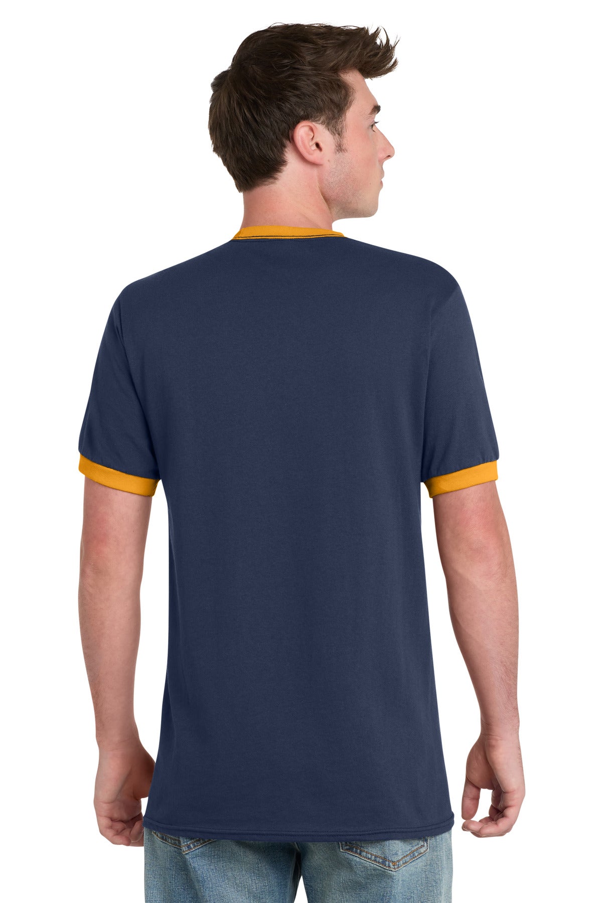 Navy/Gold Port & Co Core Cotton Ringer Tee. PC54R plain