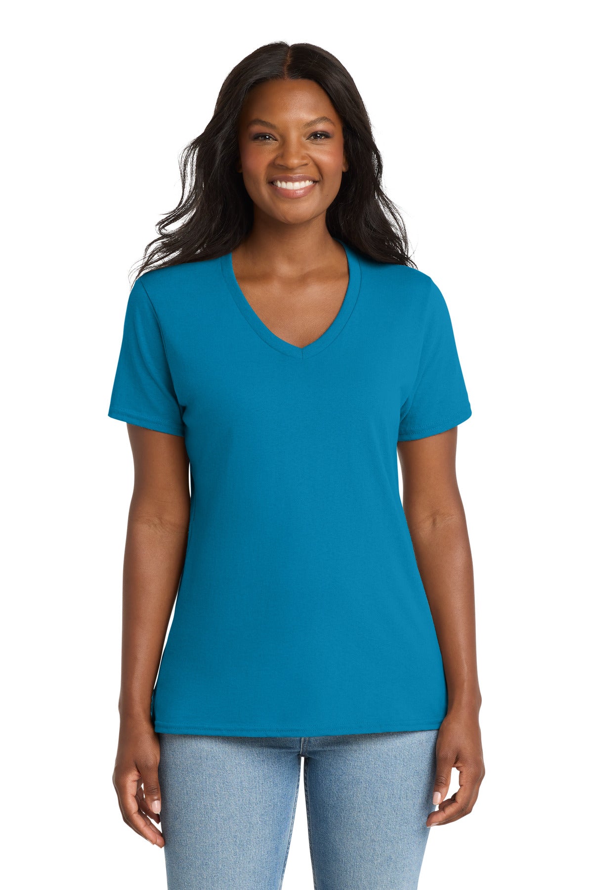 Neon Blue Port & Co Women's Core Cotton V-Neck Tee. LPC54V plain