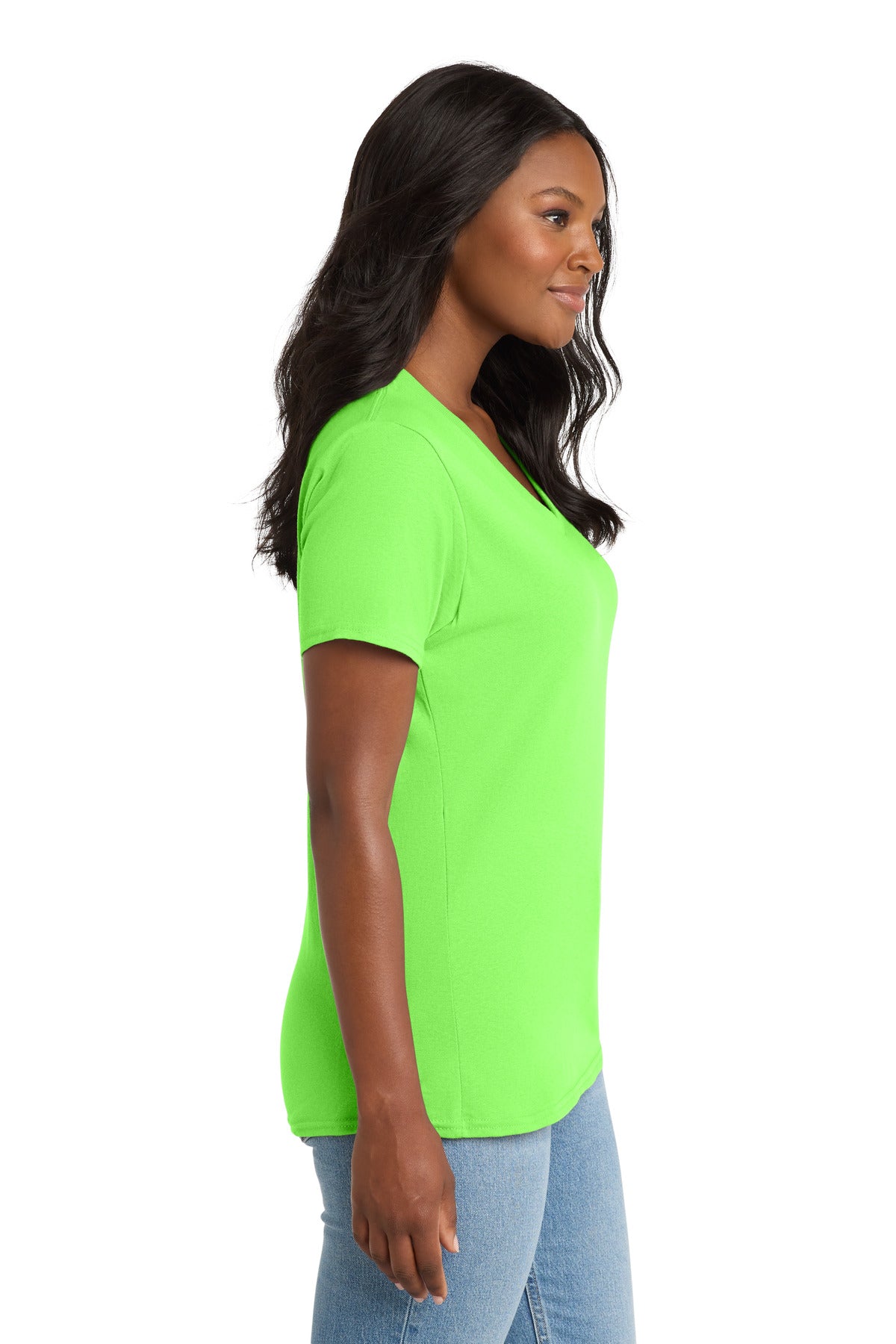 Neon Green Port & Co Women's Core Cotton V-Neck Tee. LPC54V plain
