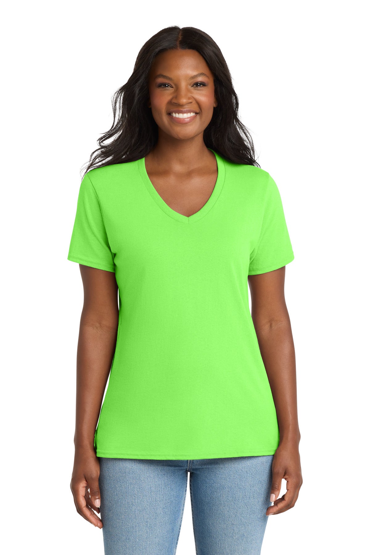 Neon Green Port & Co Women's Core Cotton V-Neck Tee. LPC54V plain
