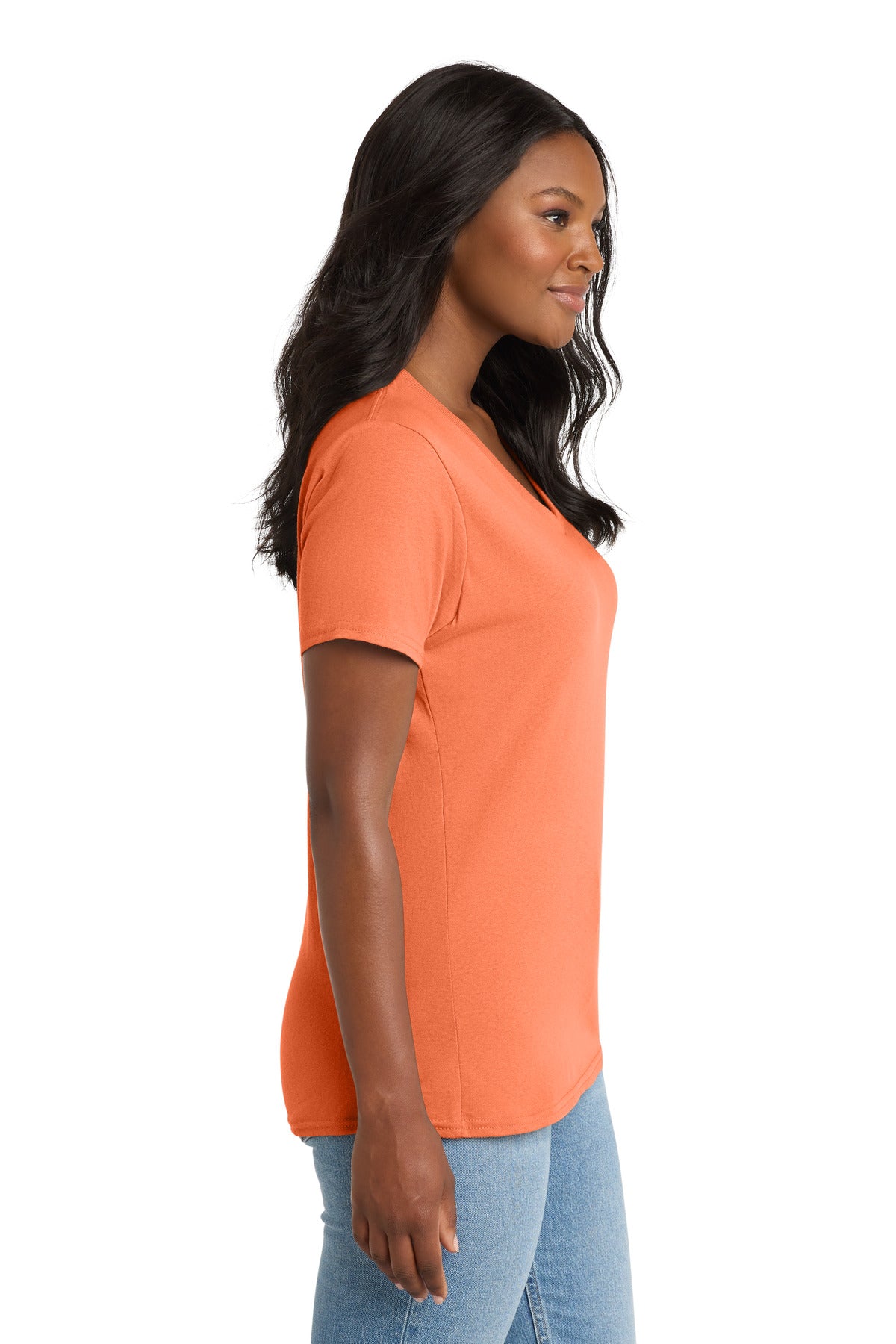 Neon Orange Port & Co Women's Core Cotton V-Neck Tee. LPC54V plain