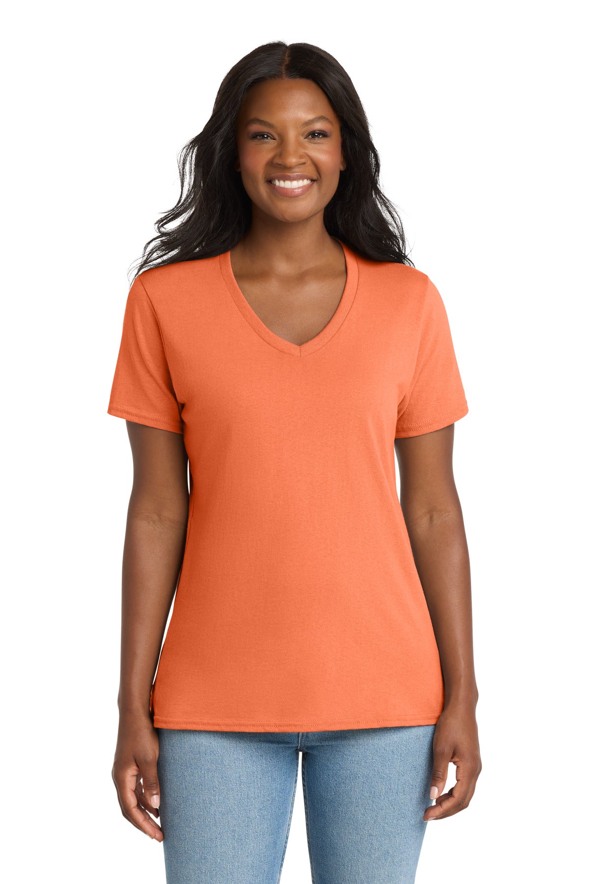 Neon Orange Port & Co Women's Core Cotton V-Neck Tee. LPC54V plain