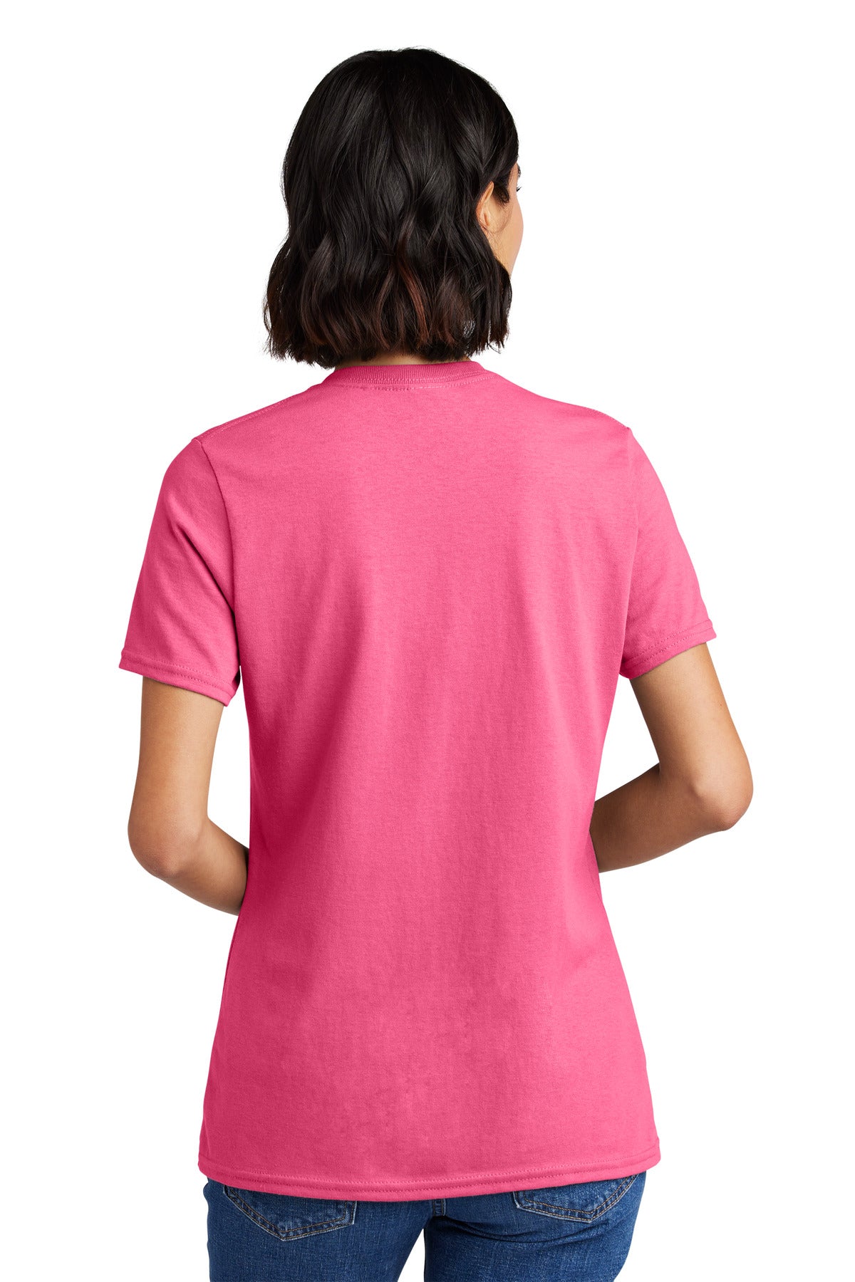 Neon Pink Port & Co Women's Core Cotton V-Neck Tee. LPC54V plain