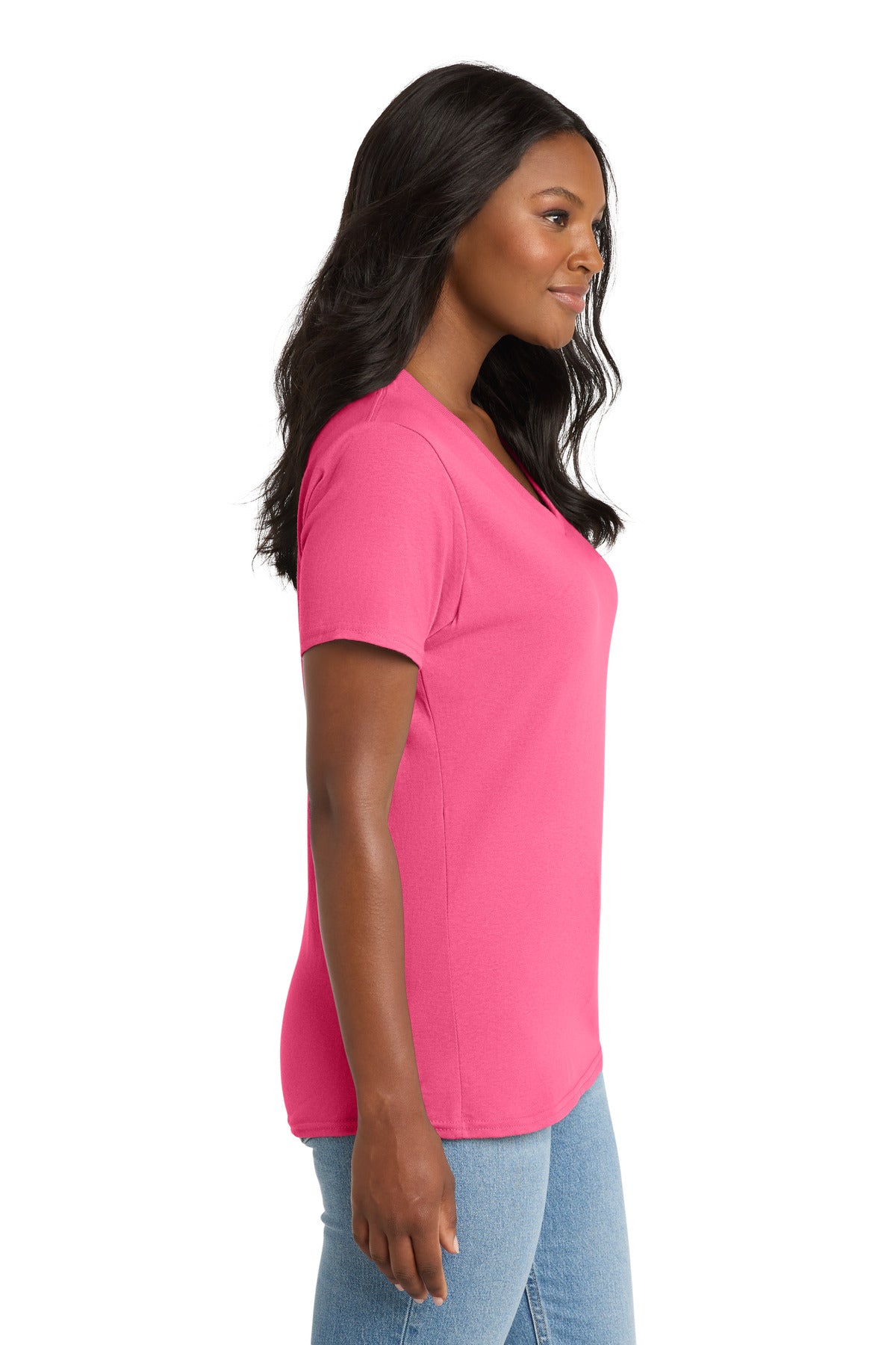 Neon Pink Port & Co Women's Core Cotton V-Neck Tee. LPC54V plain