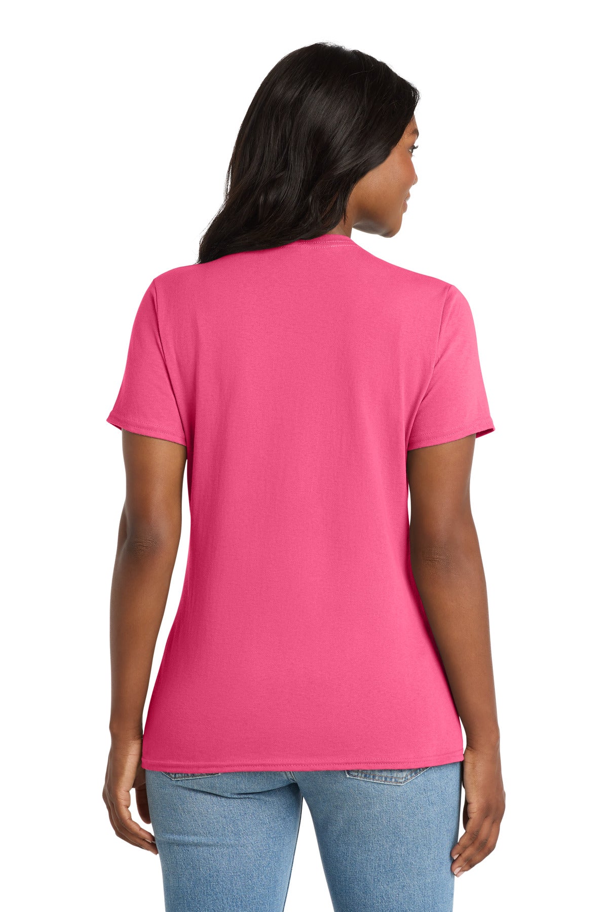 Neon Pink Port & Co Women's Core Cotton V-Neck Tee. LPC54V plain