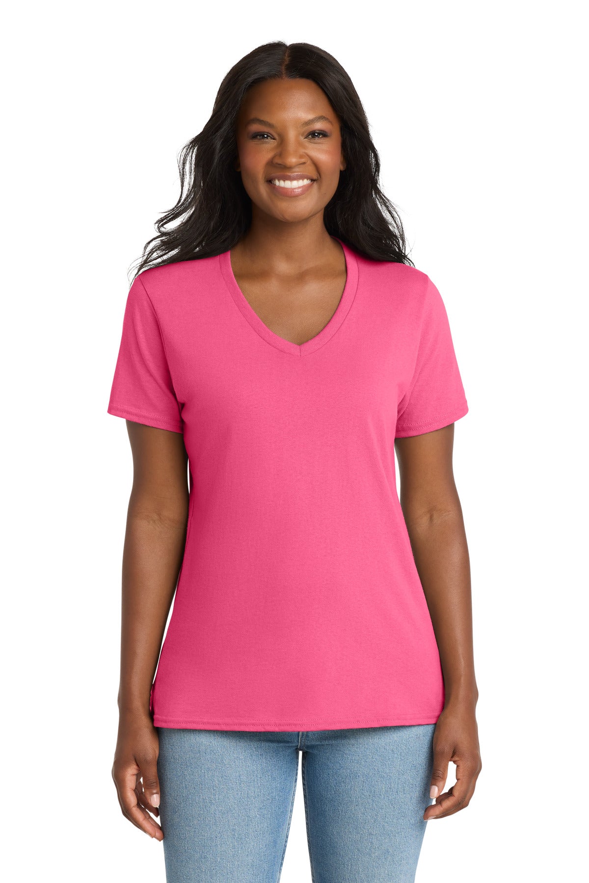 Neon Pink Port & Co Women's Core Cotton V-Neck Tee. LPC54V plain