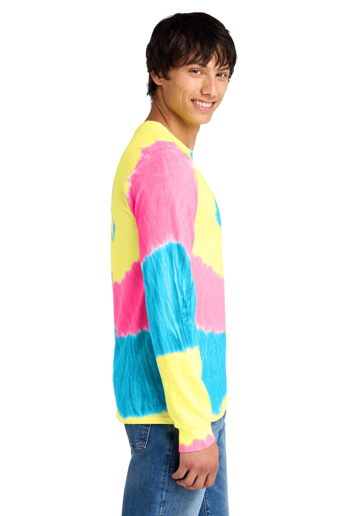 Neon Rainbow Port & Co Tie-Dye Long Sleeve Tee. PC147LS