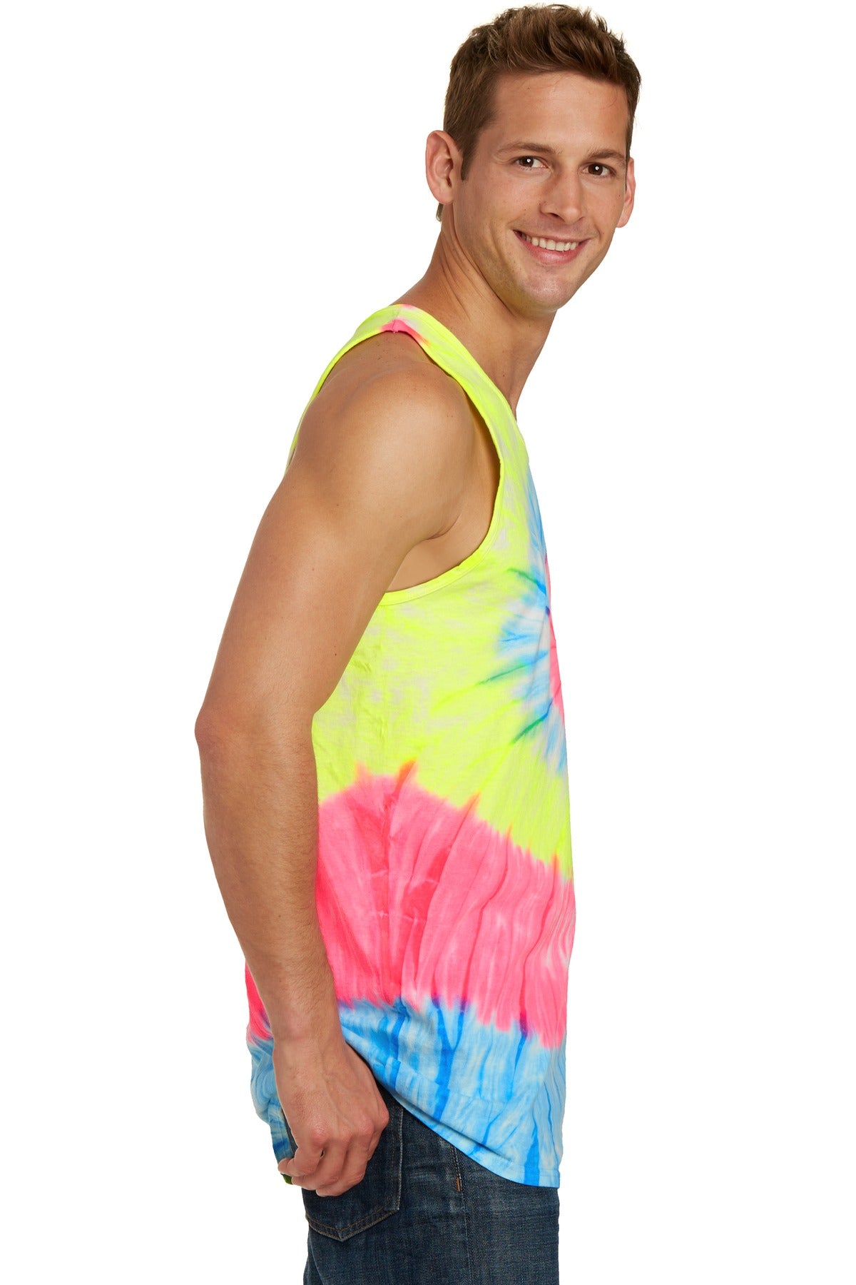 Neon Rainbow Port & Co Tie-Dye Tank Top. PC147TT