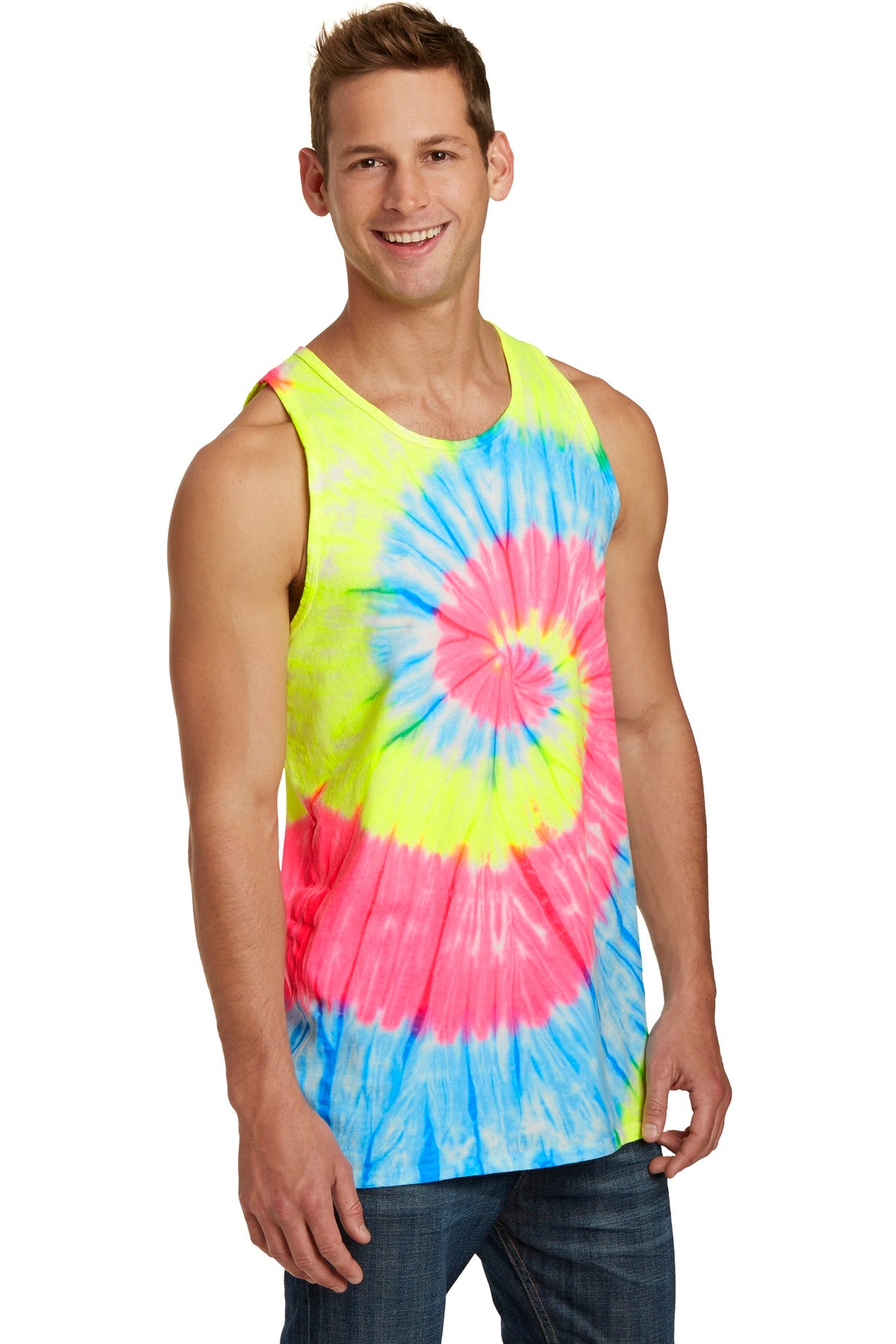 Neon Rainbow Port & Co Tie-Dye Tank Top. PC147TT
