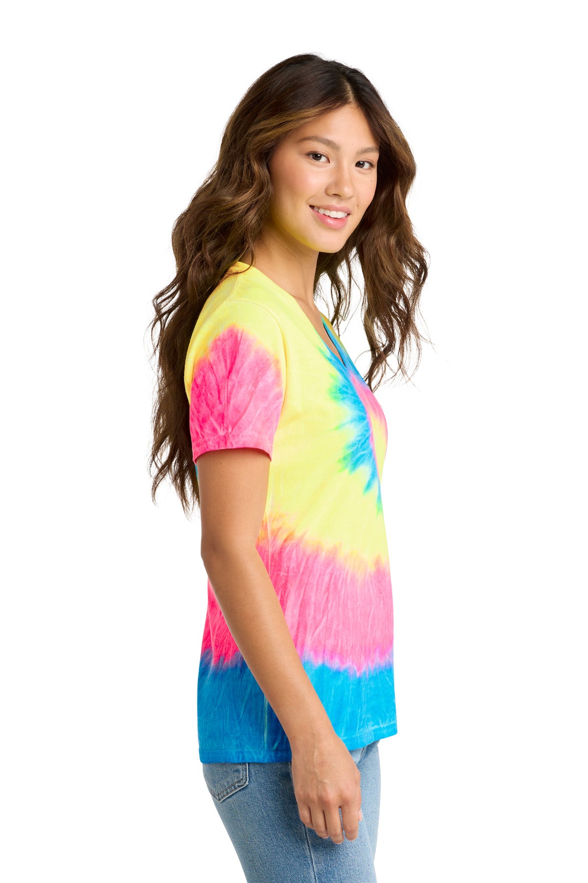 Neon Rainbow Port & Co Women's Tie-Dye V-Neck Tee. LPC147V plain