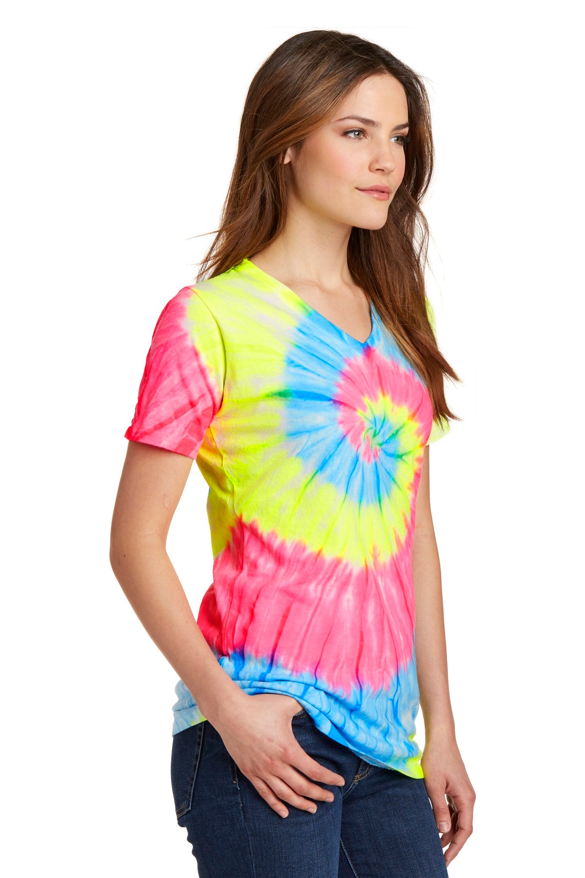 Neon Rainbow Port & Co Women's Tie-Dye V-Neck Tee. LPC147V