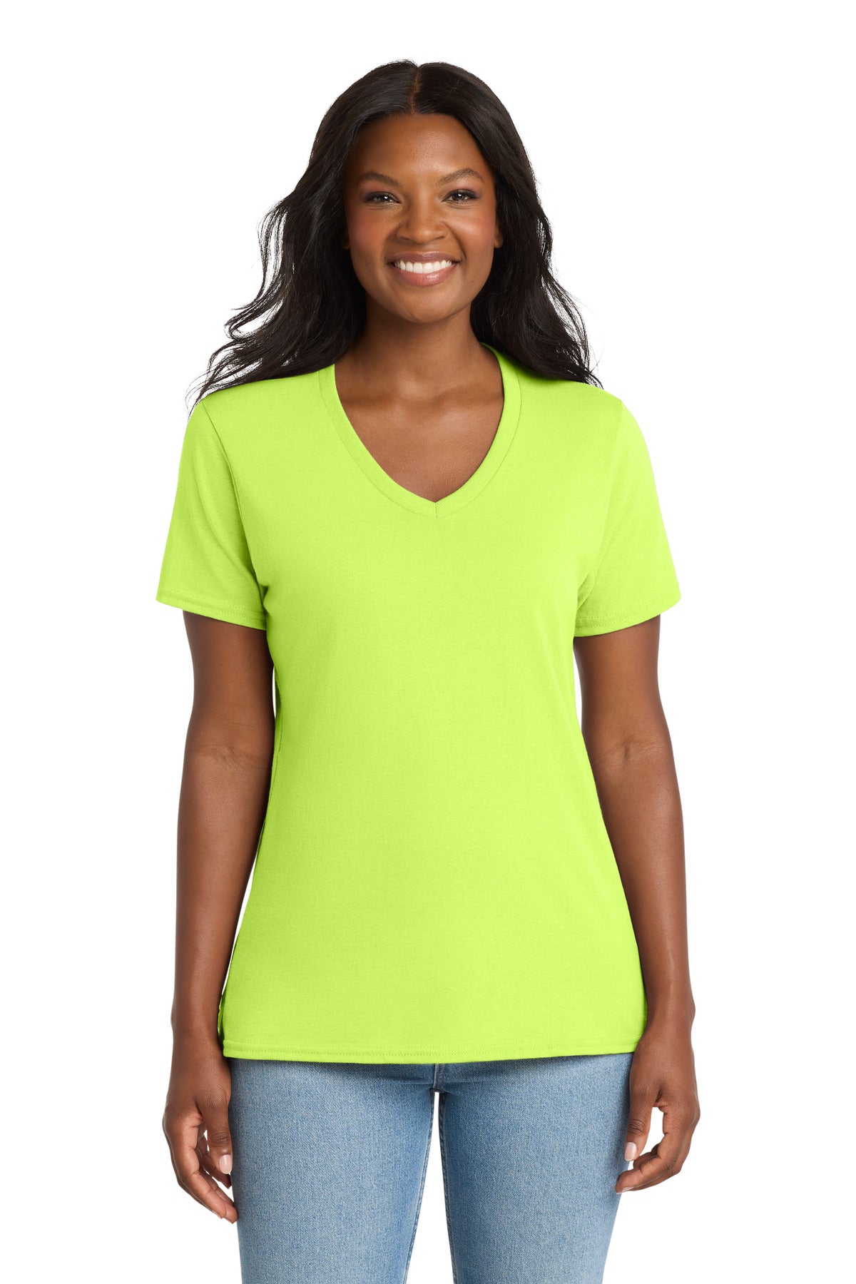 Neon Yellow Port & Co Women's Core Cotton V-Neck Tee. LPC54V plain