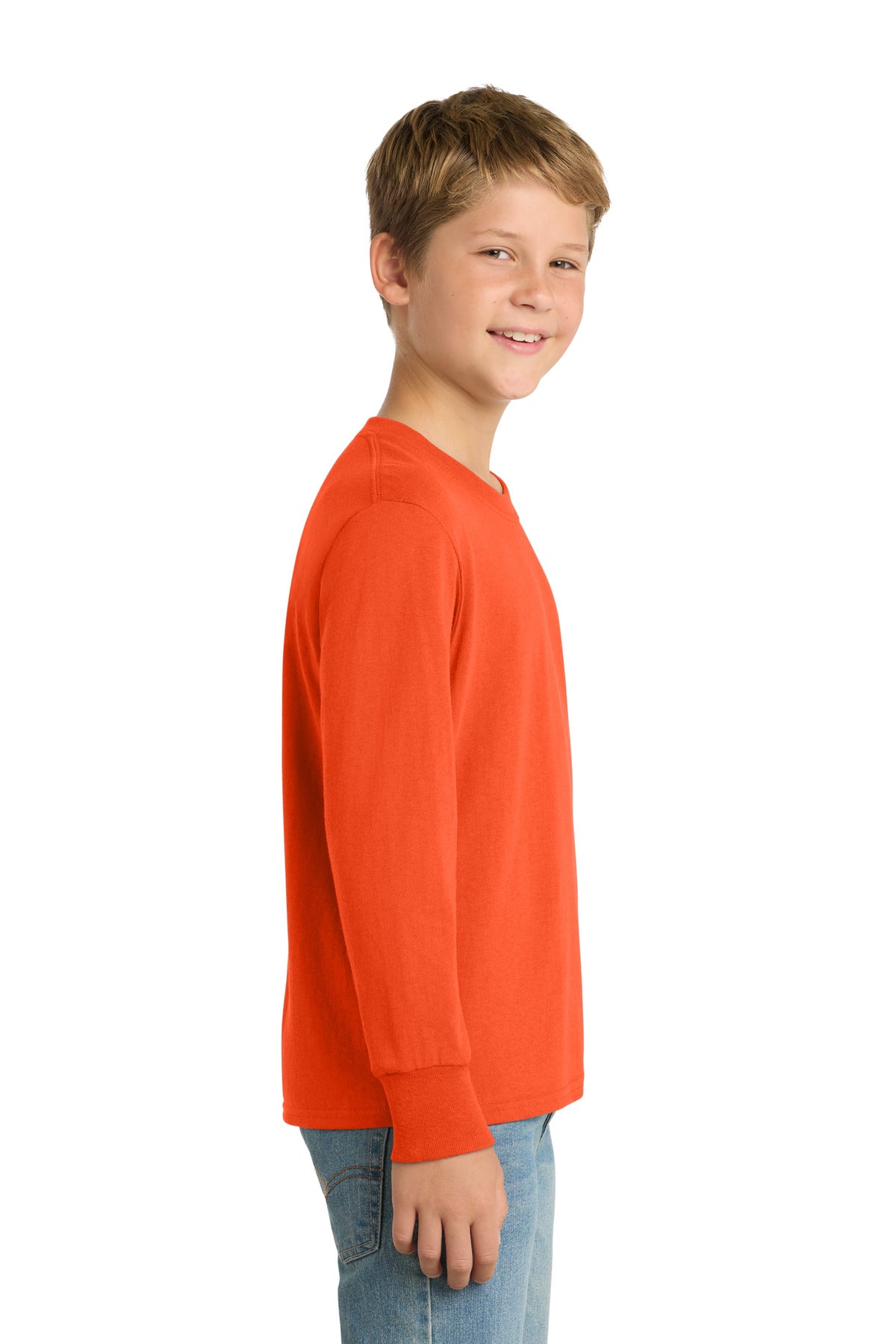 Orange Port & Co Youth Long Sleeve Core Cotton Tee. PC54YLS plain