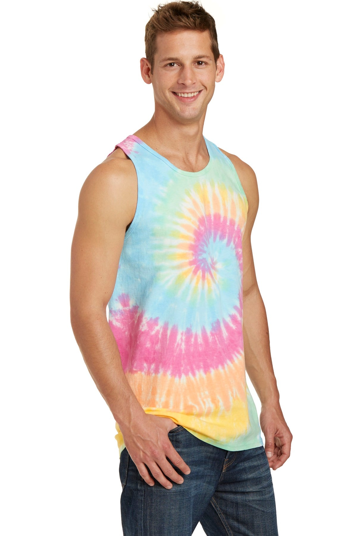 Pastel Rainbow Port & Co Tie-Dye Tank Top. PC147TT