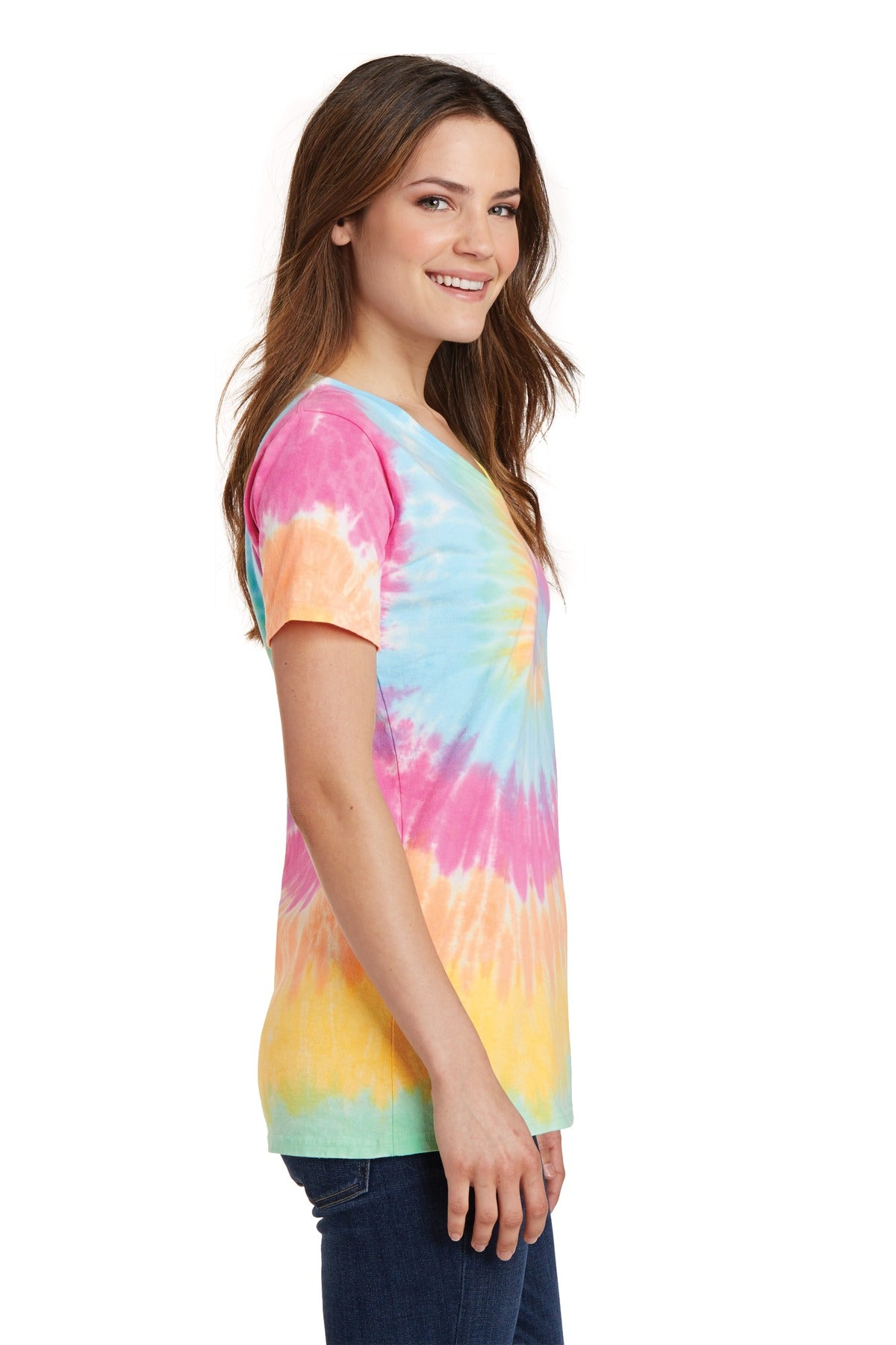 Pastel Rainbow Port & Co Women's Tie-Dye V-Neck Tee. LPC147V plain