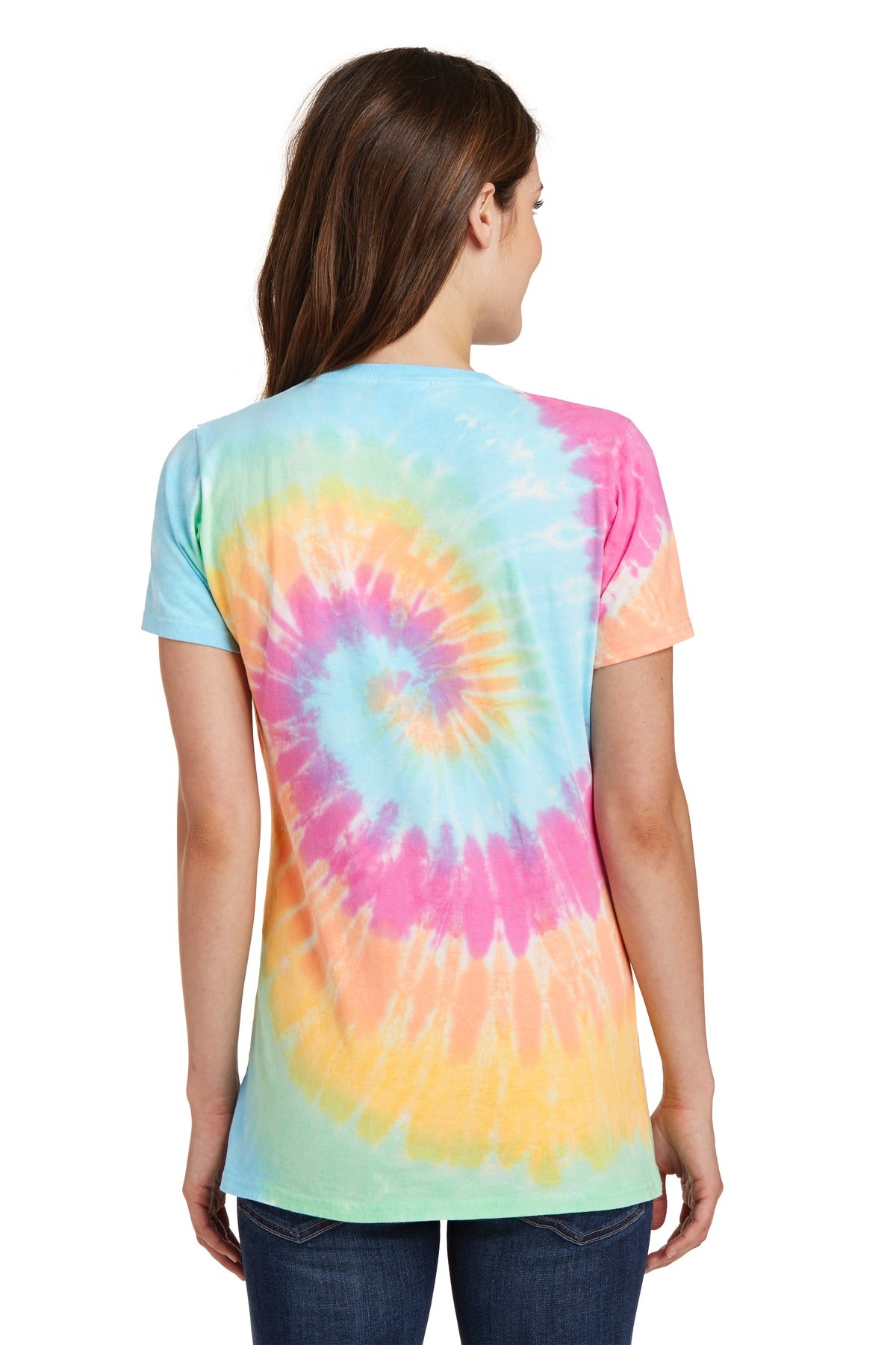 Pastel Rainbow Port & Co Women's Tie-Dye V-Neck Tee. LPC147V plain
