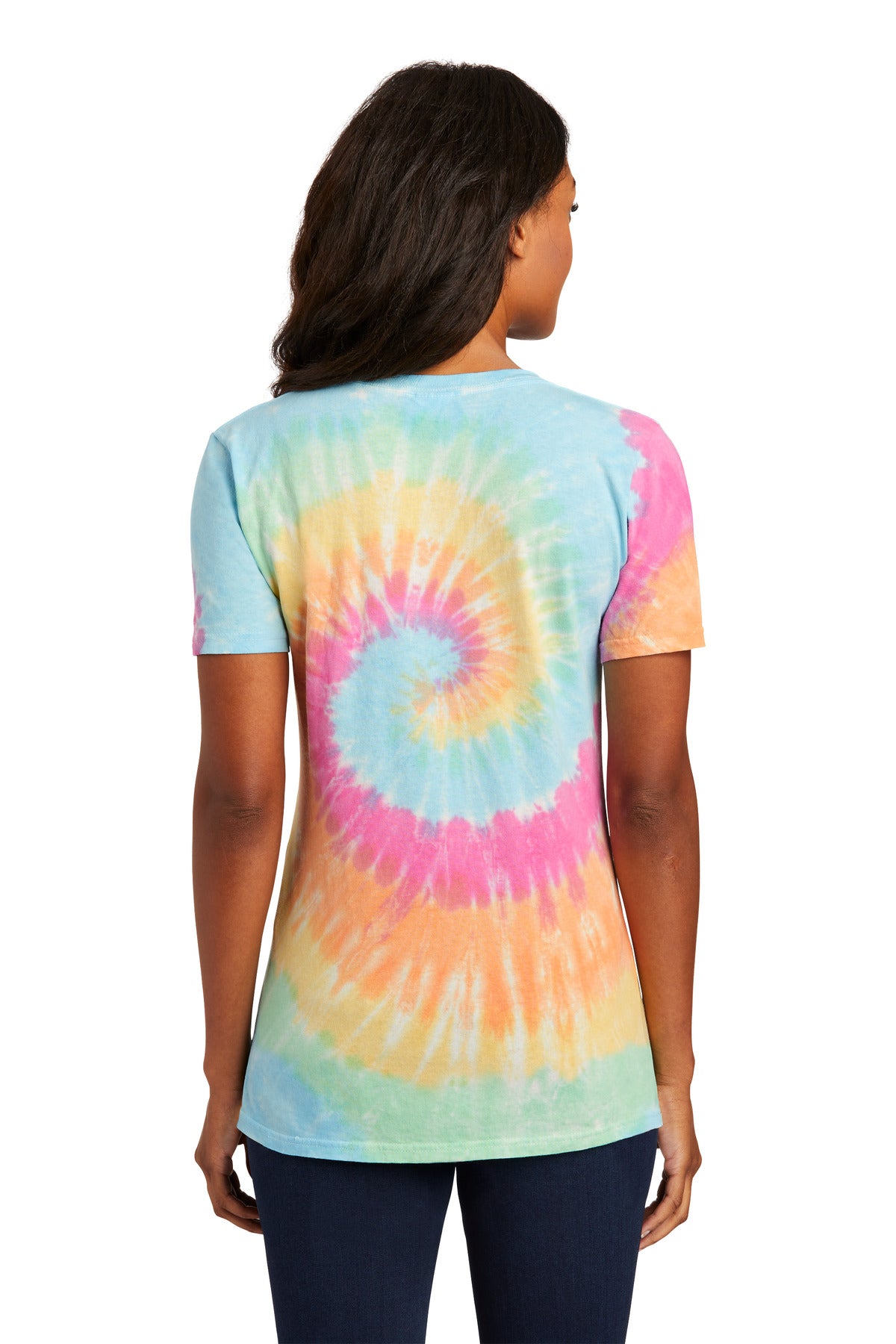 Pastel Rainbow Port & Co Women's Tie-Dye V-Neck Tee. LPC147V