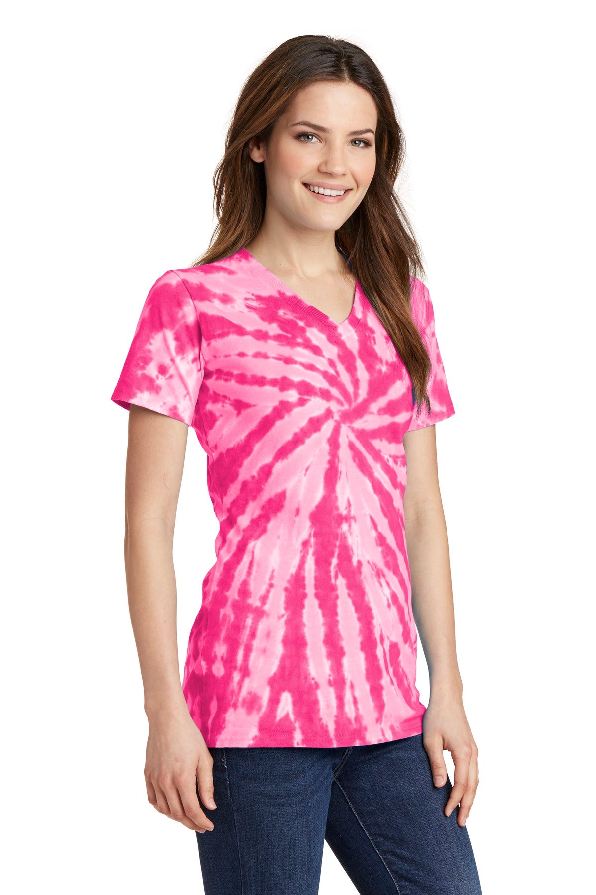 Pink Port & Co Women's Tie-Dye V-Neck Tee. LPC147V