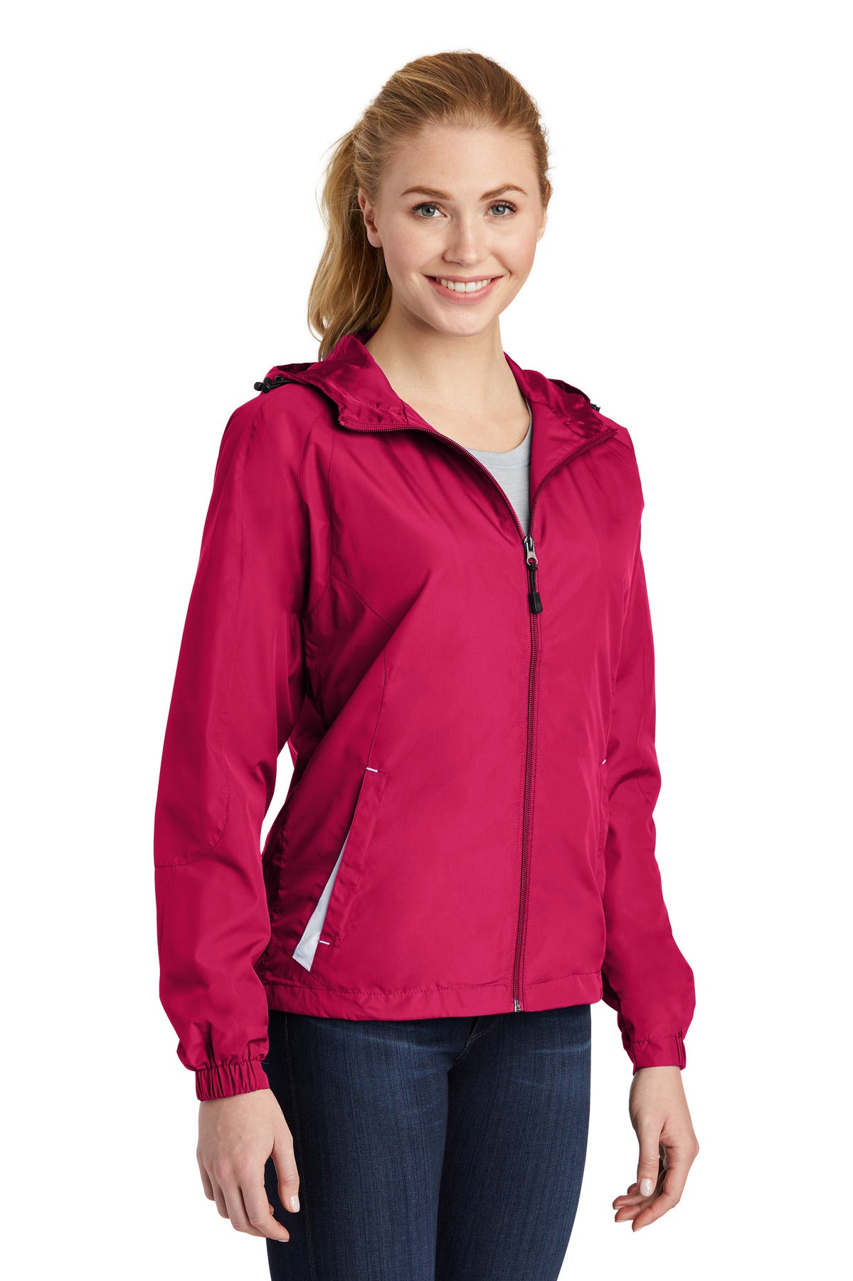 Pink Rasp/Wht Sport-Tek Women's Colorblock Hooded Raglan Jacket. LST76 plain
