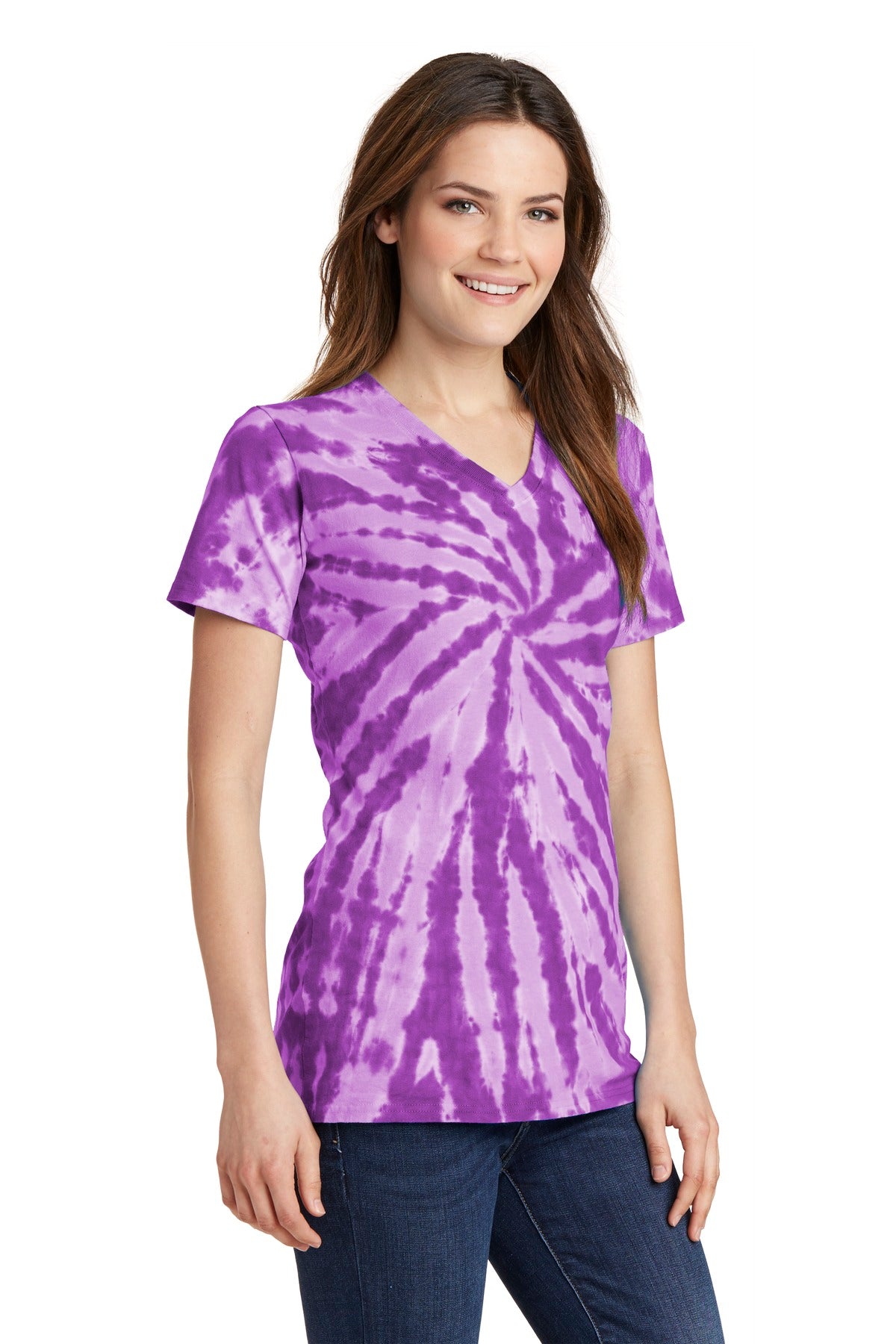 Purple Port & Co Women's Tie-Dye V-Neck Tee. LPC147V