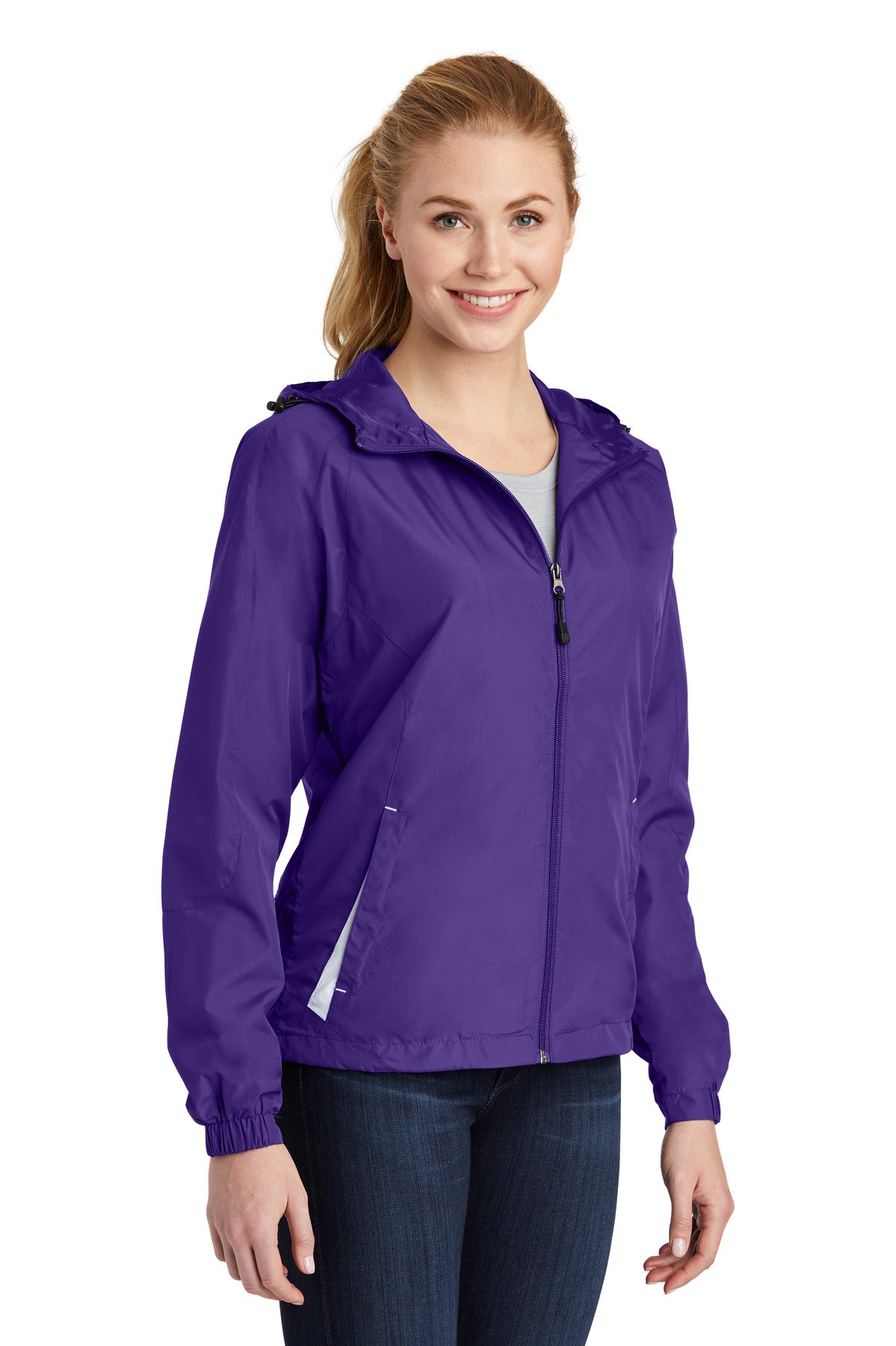 Purple/White Sport-Tek Women's Colorblock Hooded Raglan Jacket. LST76 plain