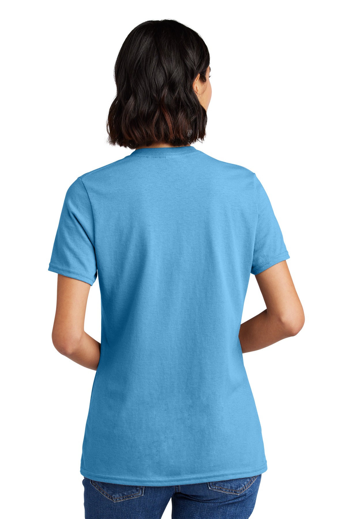 Rear View of Aquatic Blue Port & Co Women's Core Cotton V-Neck Tee. LPC54V plain