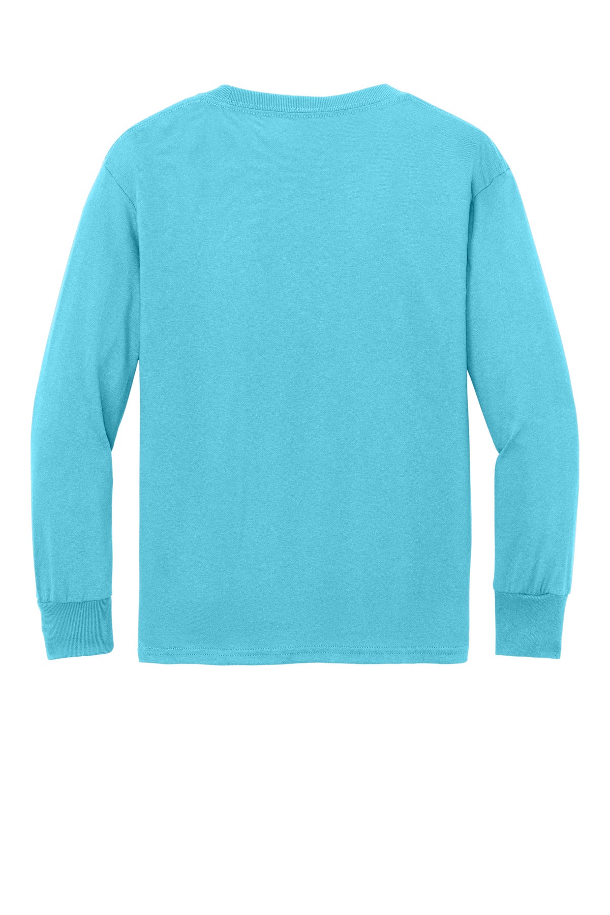 Rear View of Aquatic Blue Port & Co Youth Long Sleeve Core Cotton Tee. PC54YLS plain