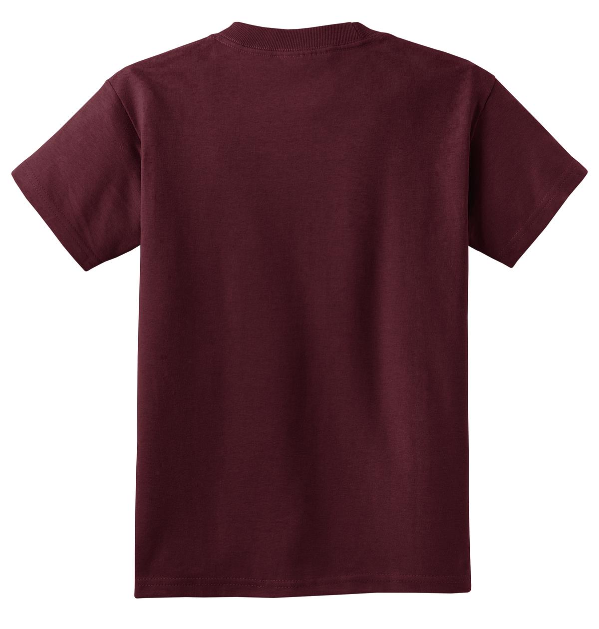Rear View of Ath Maroon Port & Co Youth Core Cotton Tee. PC54Y plain