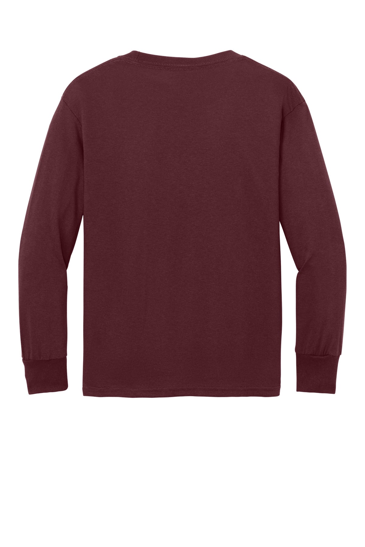 Rear View of Athl Maroon Port & Co Youth Long Sleeve Core Cotton Tee. PC54YLS plain