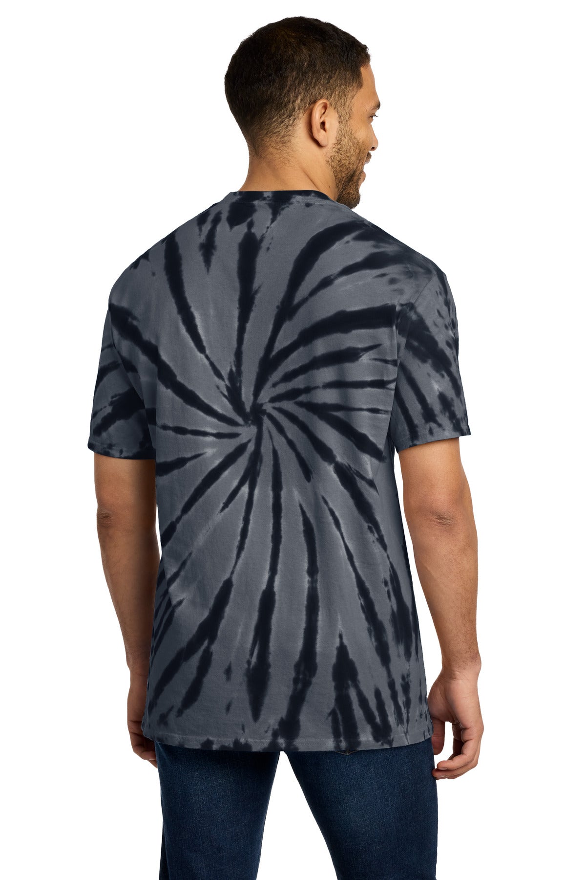 Rear View of Black Port & Co Tie-Dye Tee. PC147 plain