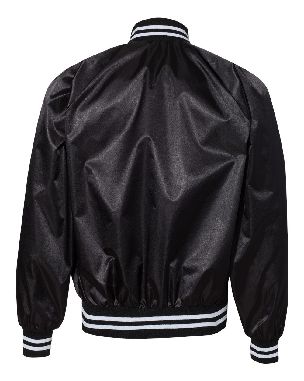 Rear View of Black/ White Satin Baseball Jacket Striped Trim - 3610