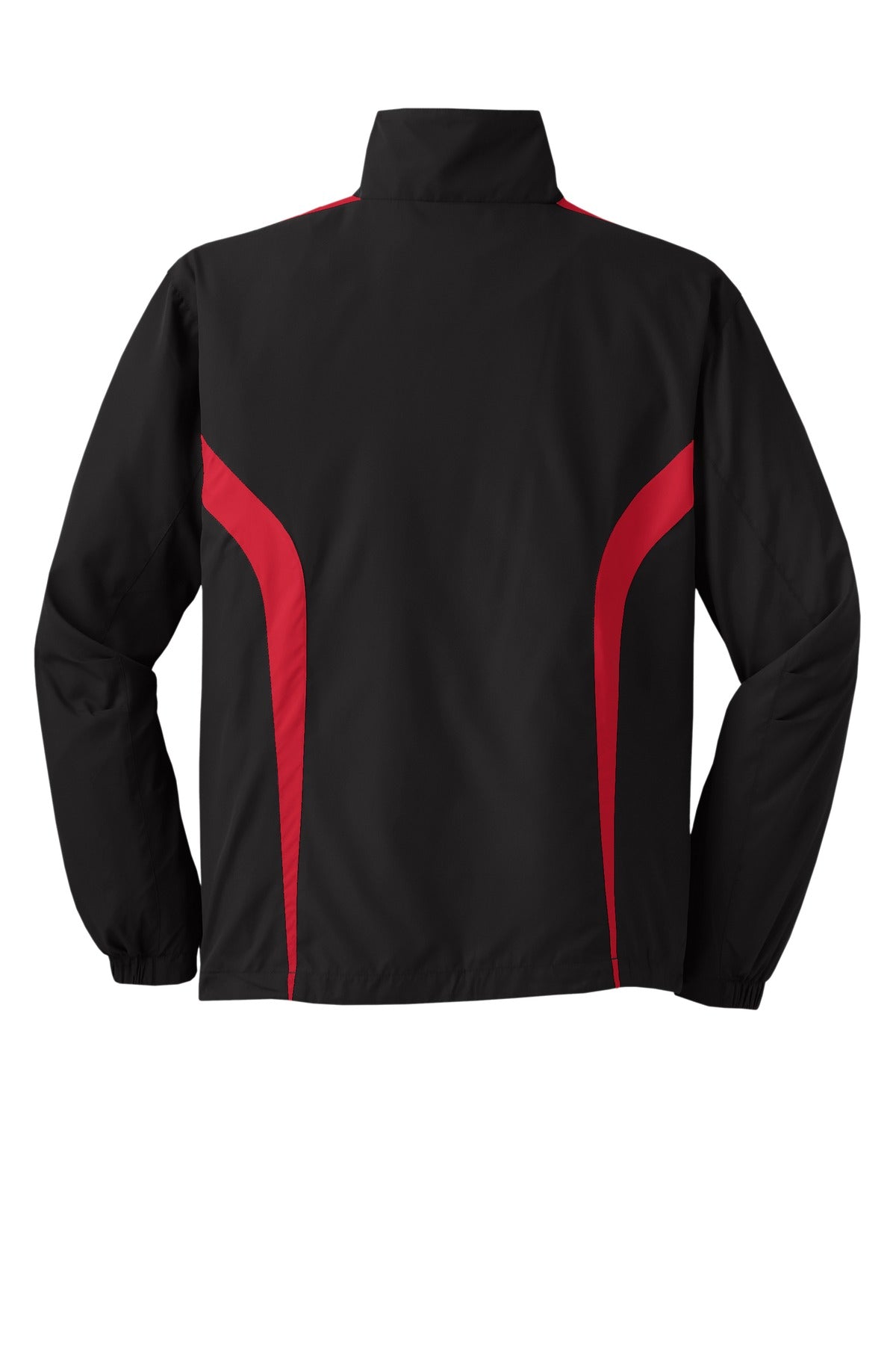 Rear View of Black/True Red Sport-Tek Colorblock Raglan Jacket. JST60 plain