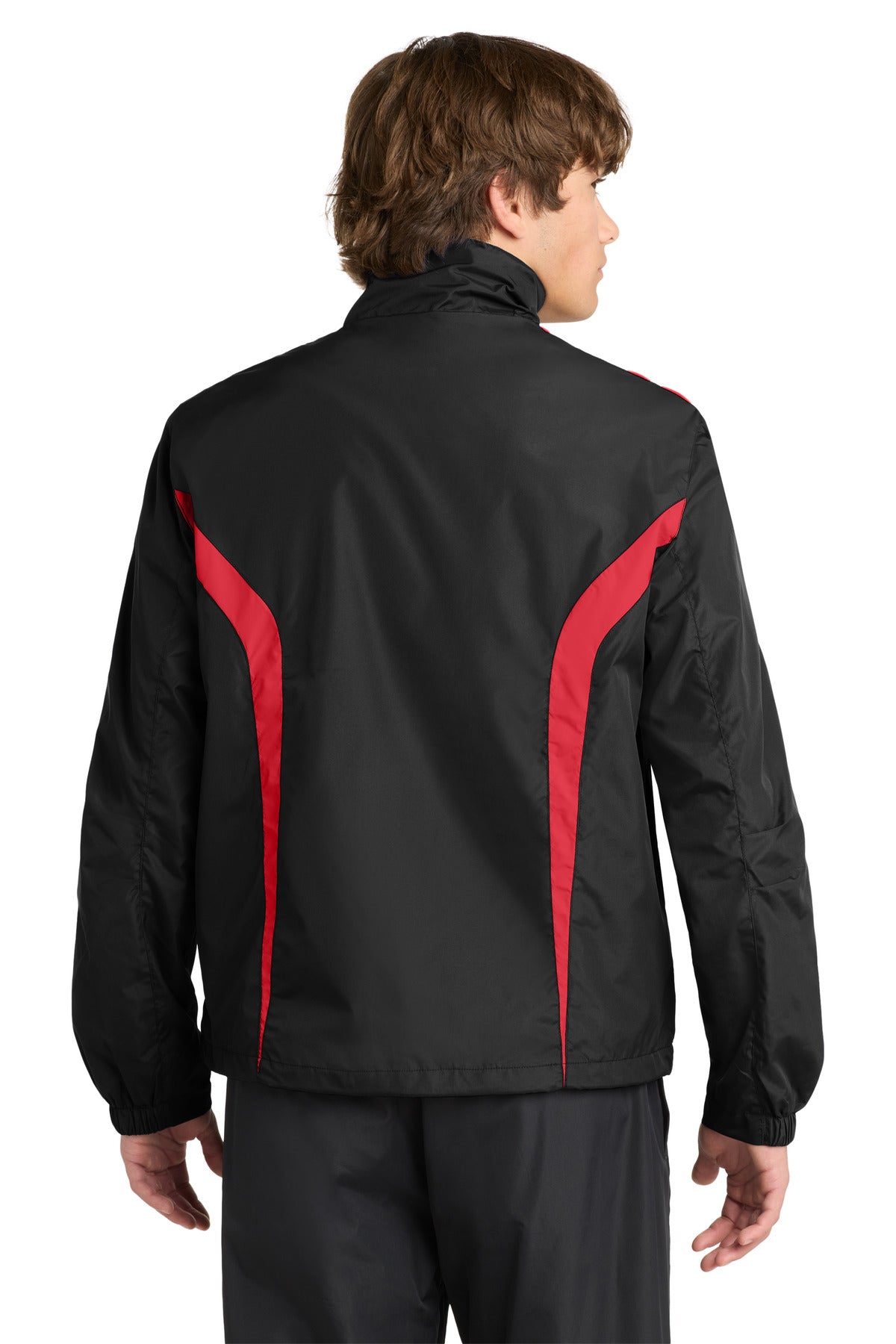 Rear View of Black/True Red Sport-Tek Colorblock Raglan Jacket. JST60 plain