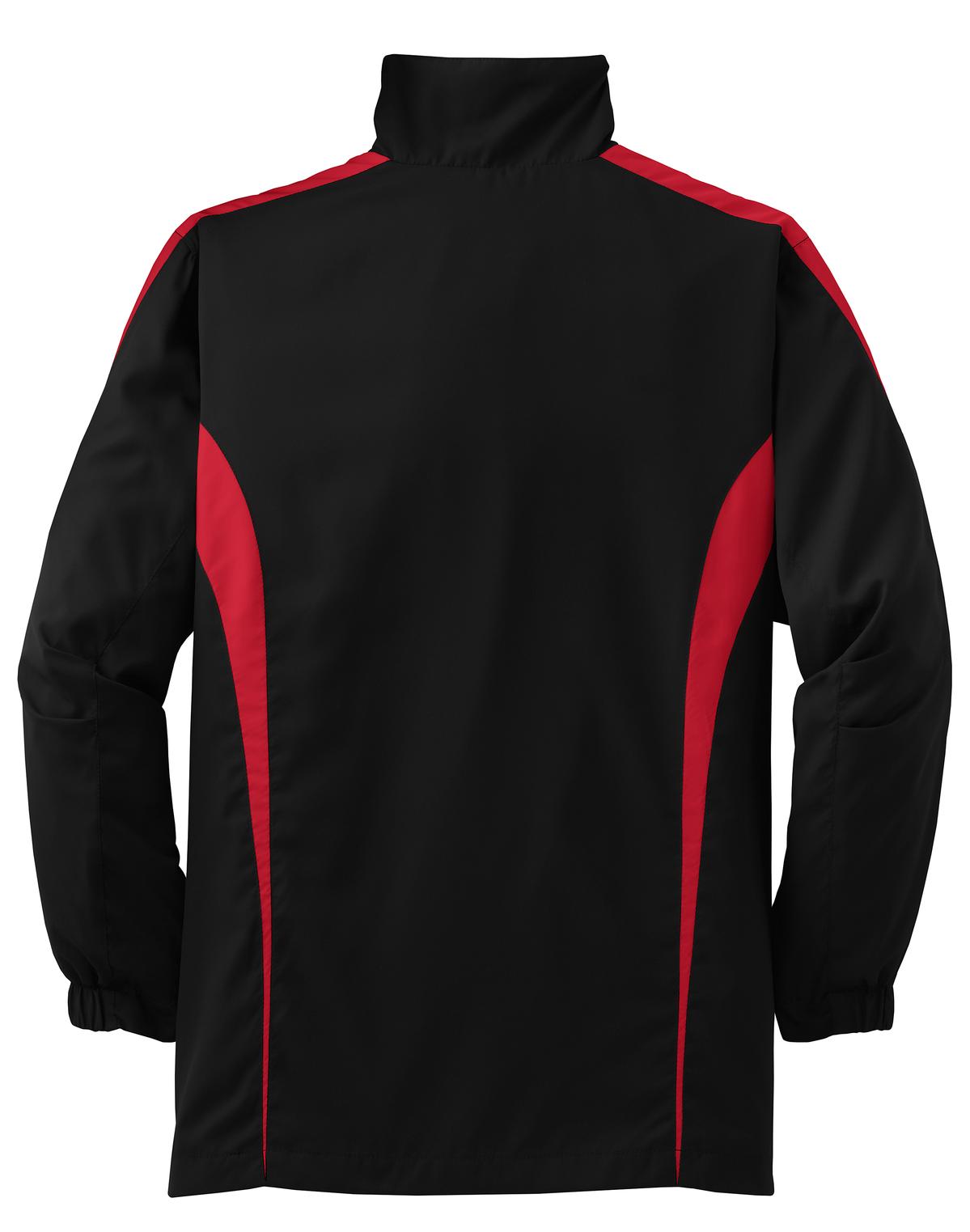 Rear View of Black/True Red Sport-Tek Youth Colorblock Raglan Jacket. YST60 plain