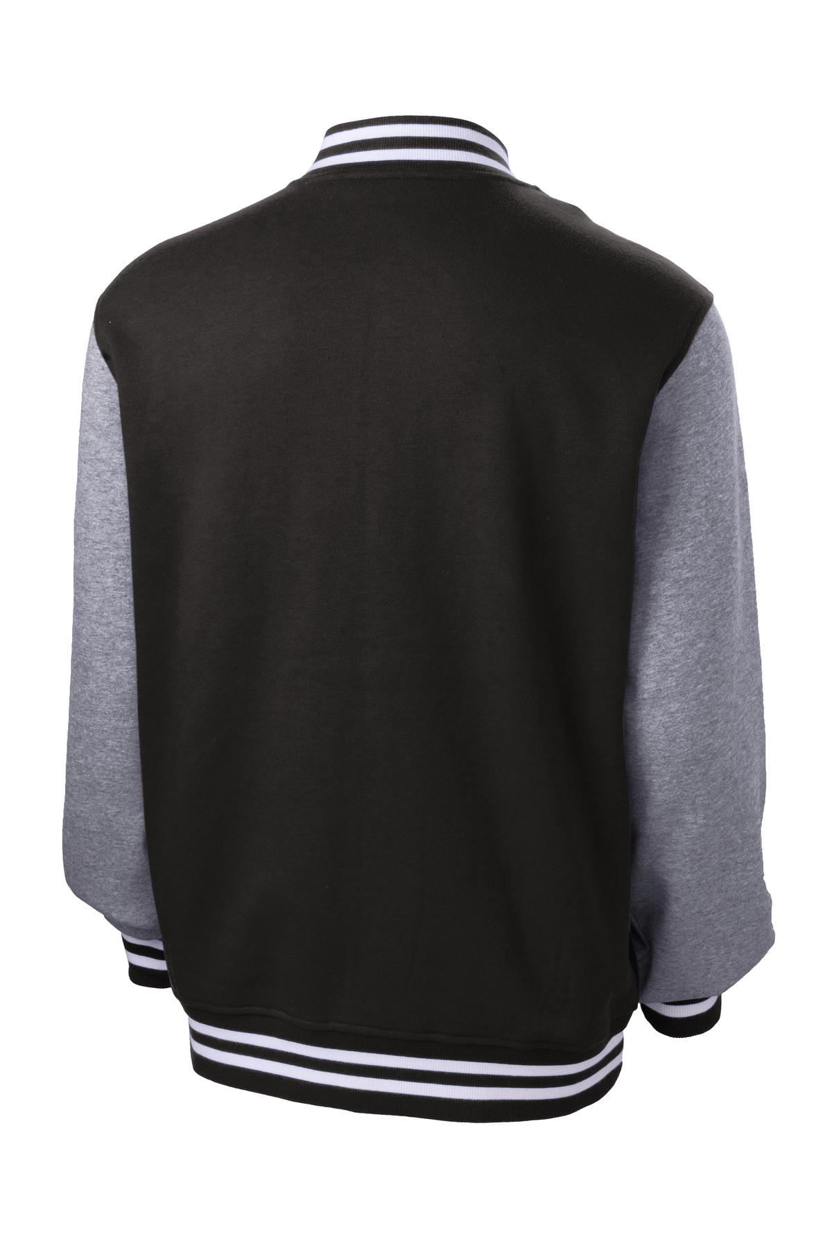 Rear View of Black/Vnt Hthr Sport-Tek Fleece Letterman Jacket. ST270 plain