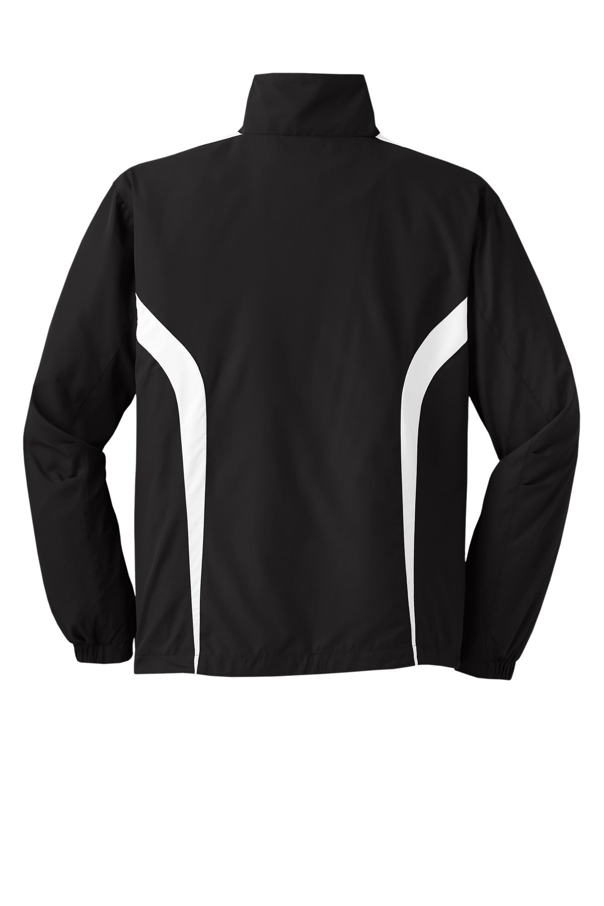 Rear View of Black/White Sport-Tek Colorblock Raglan Jacket. JST60