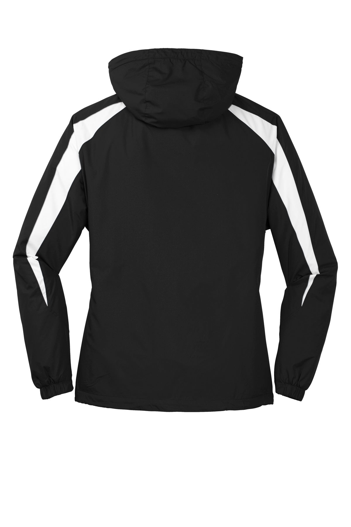 Rear View of Black/White Sport-Tek Fleece-Lined Colorblock Jacket. JST81 plain