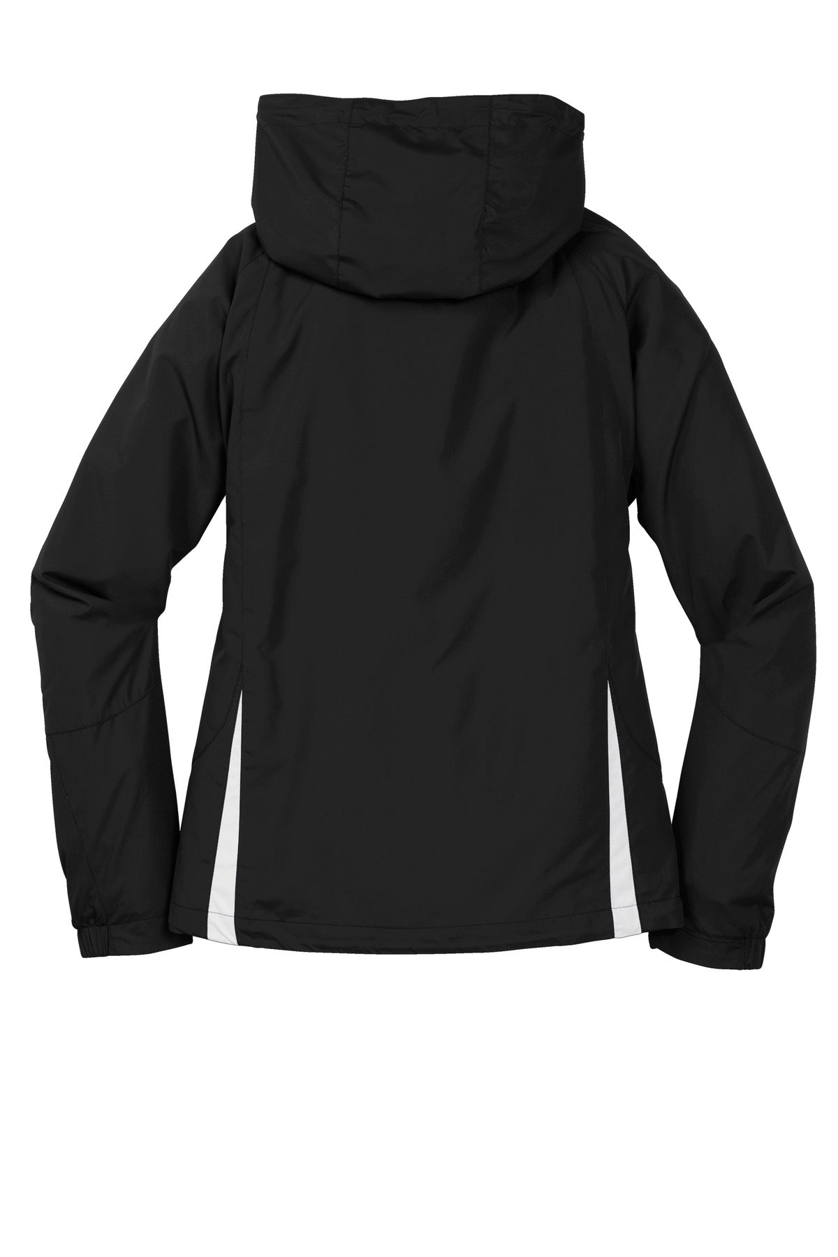 Rear View of Black/White Sport-Tek Women's Colorblock Hooded Raglan Jacket. LST76 plain