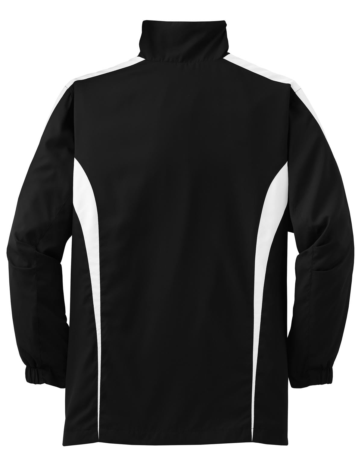 Rear View of Black/White Sport-Tek Youth Colorblock Raglan Jacket. YST60 plain
