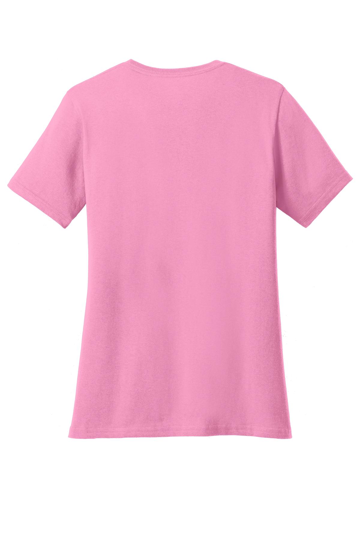 Rear View of Candy Pink Port & Co Women's Core Cotton V-Neck Tee. LPC54V plain