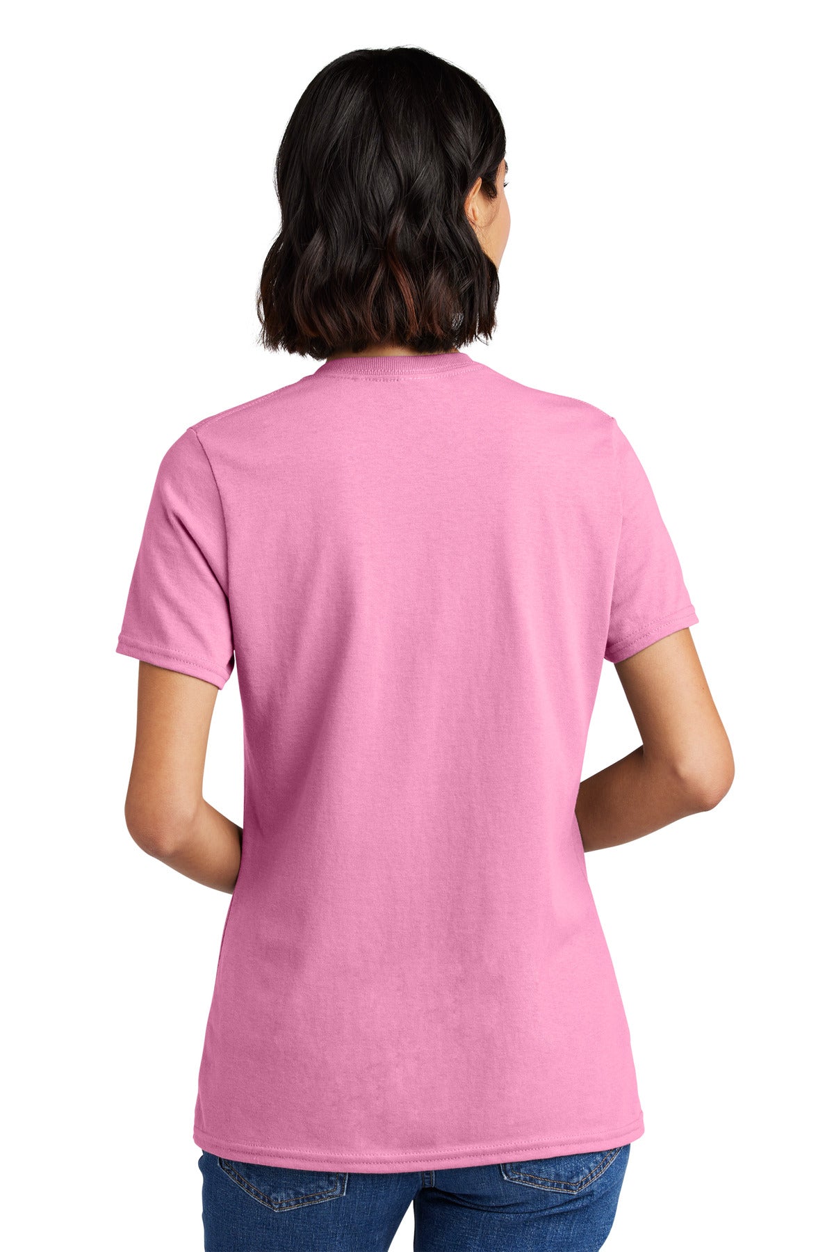 Rear View of Candy Pink Port & Co Women's Core Cotton V-Neck Tee. LPC54V plain