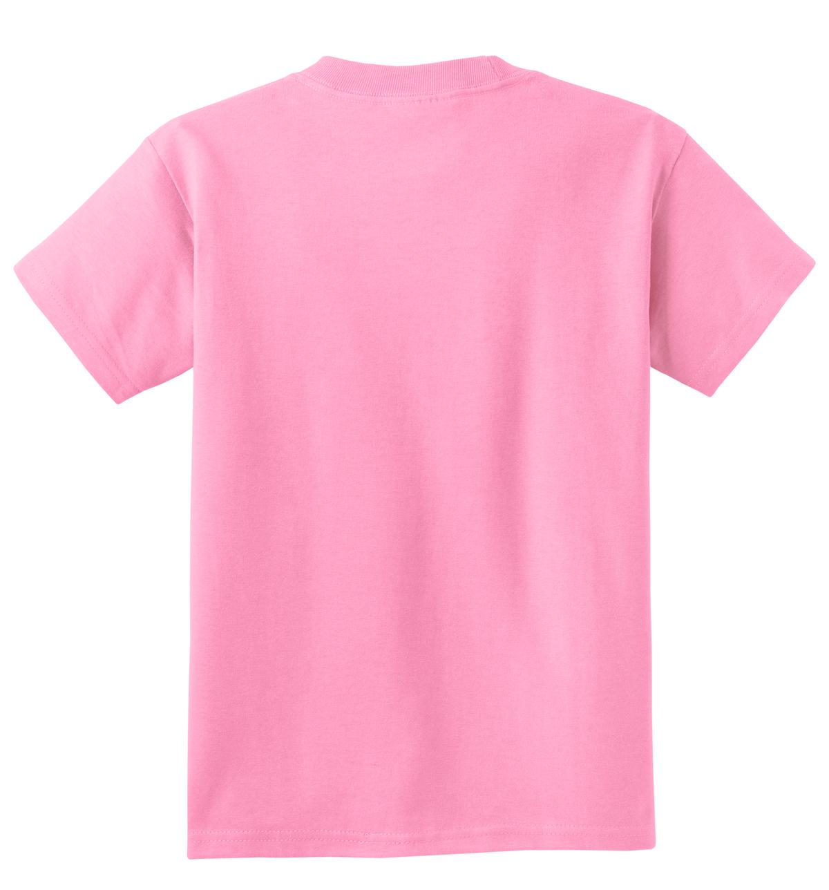 Rear View of Candy Pink Port & Co Youth Core Cotton Tee. PC54Y plain