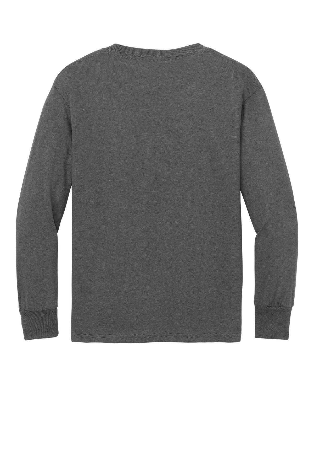 Rear View of Charcoal Port & Co Youth Long Sleeve Core Cotton Tee. PC54YLS plain