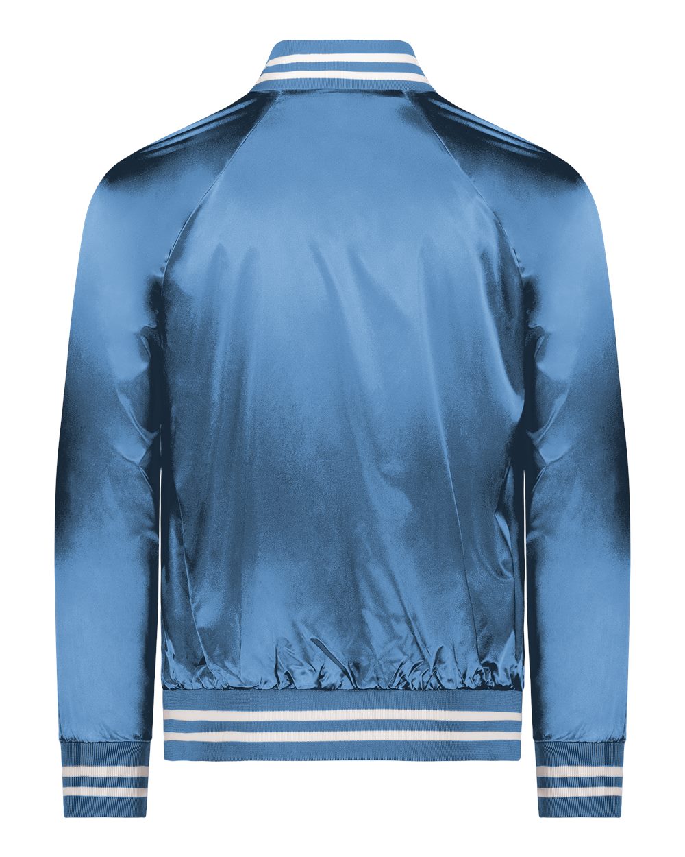 Rear View of Columbia Blue/ White Satin Baseball Jacket Striped Trim - 3610 plain