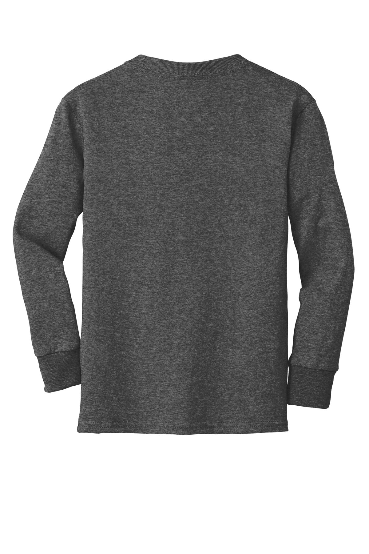 Rear View of Dark Hthr Grey Port & Co Youth Long Sleeve Core Cotton Tee. PC54YLS plain