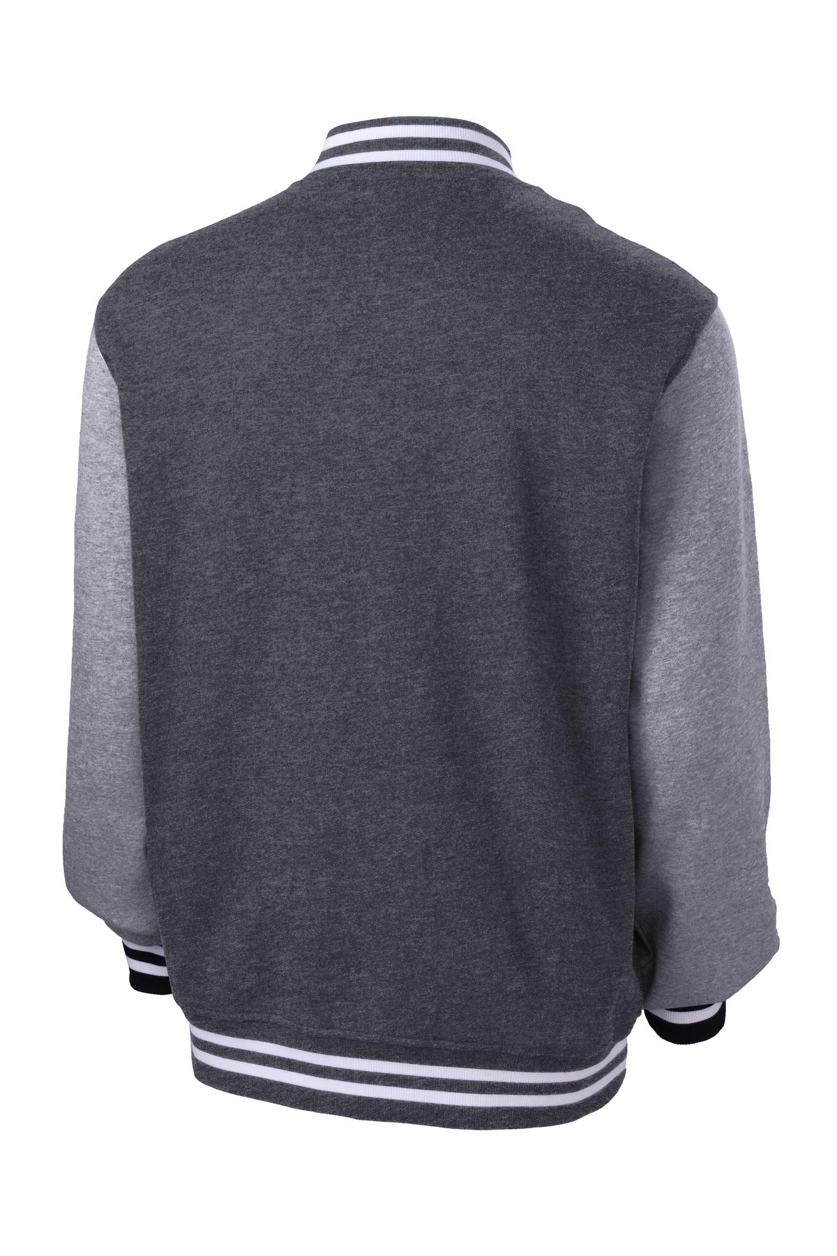Rear View of Graph He/VntHe Sport-Tek Fleece Letterman Jacket. ST270 plain
