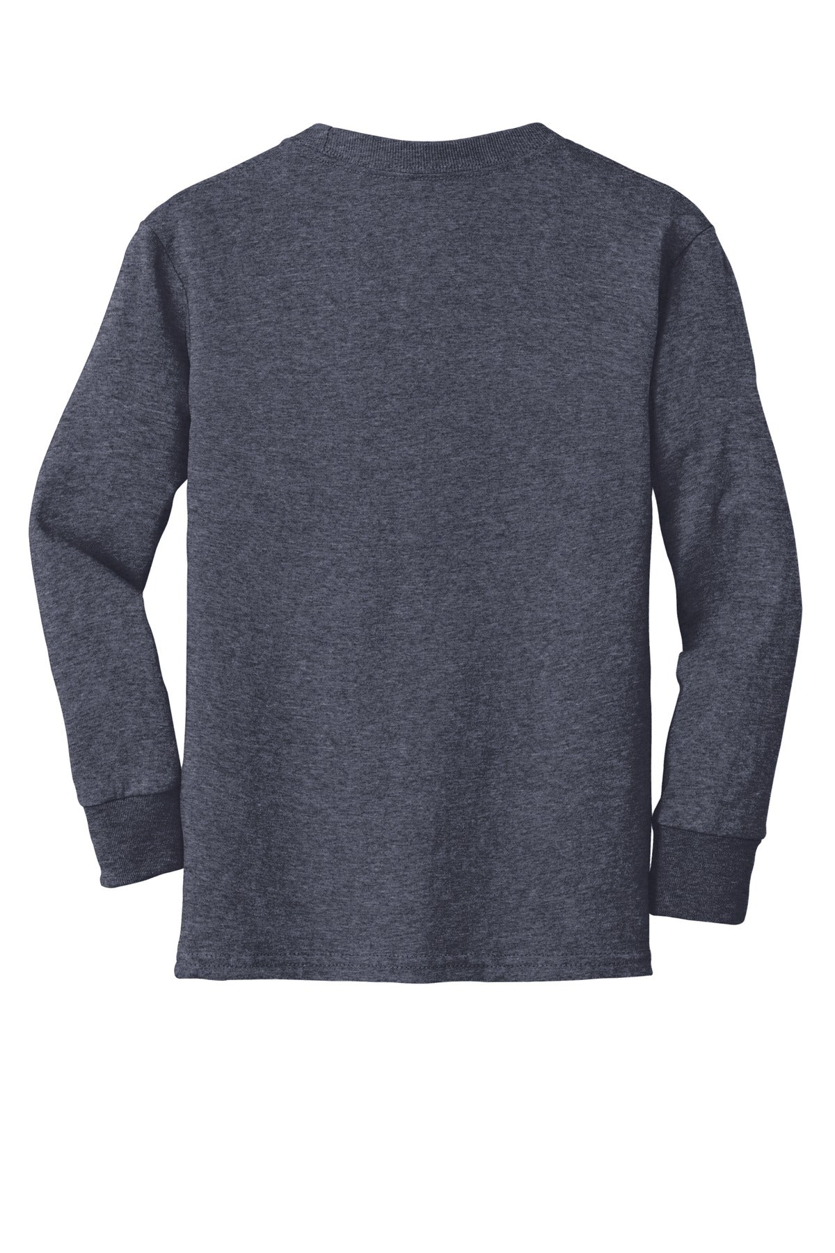 Rear View of Heather Navy Port & Co Youth Long Sleeve Core Cotton Tee. PC54YLS plain