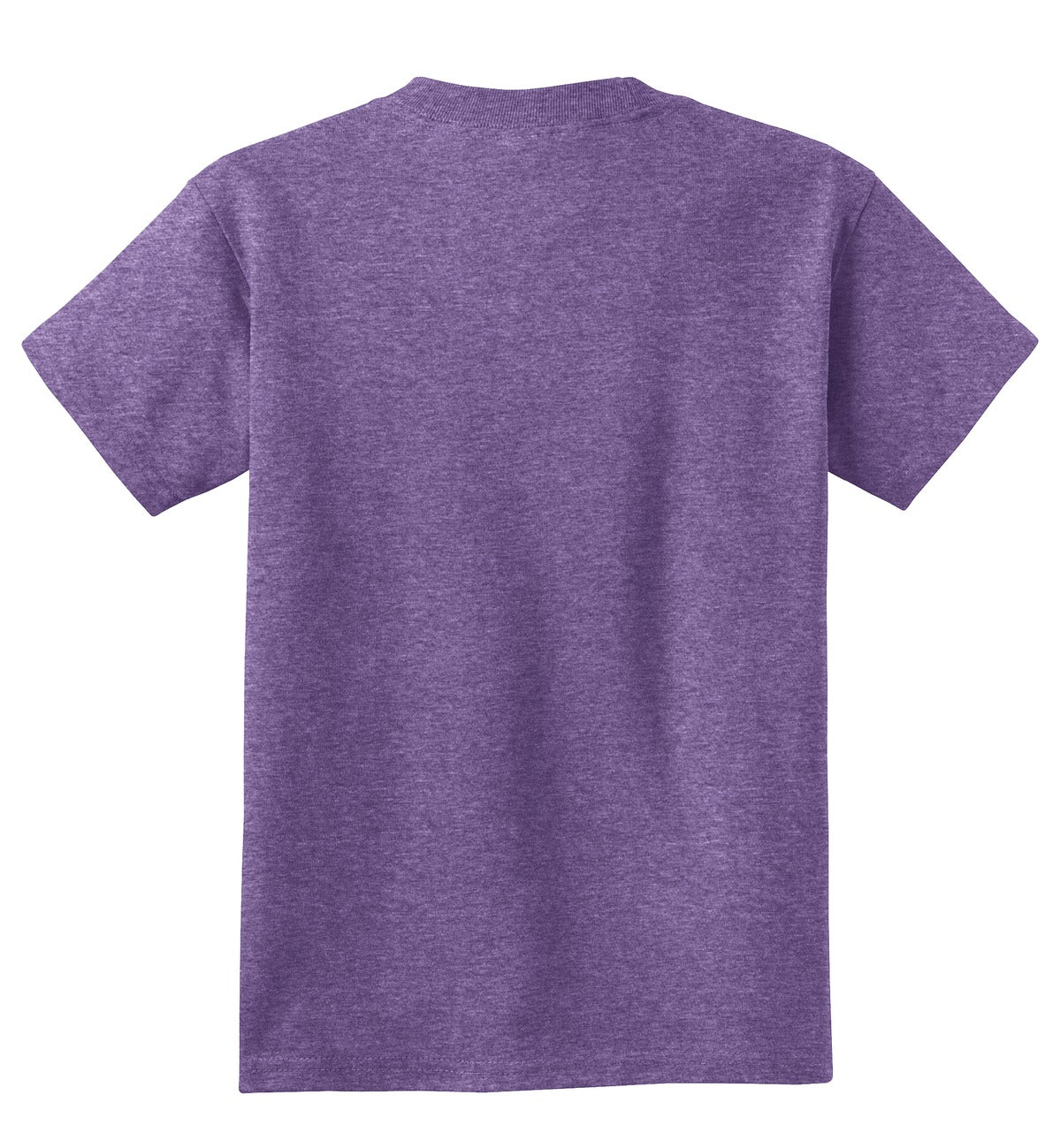 Rear View of Heather Purple Port & Co Youth Core Cotton Tee. PC54Y plain