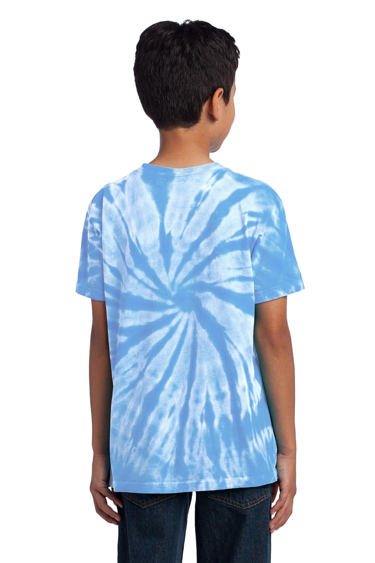 Rear View of Light Blue Port & Co Youth Tie-Dye Tee. PC147Y plain