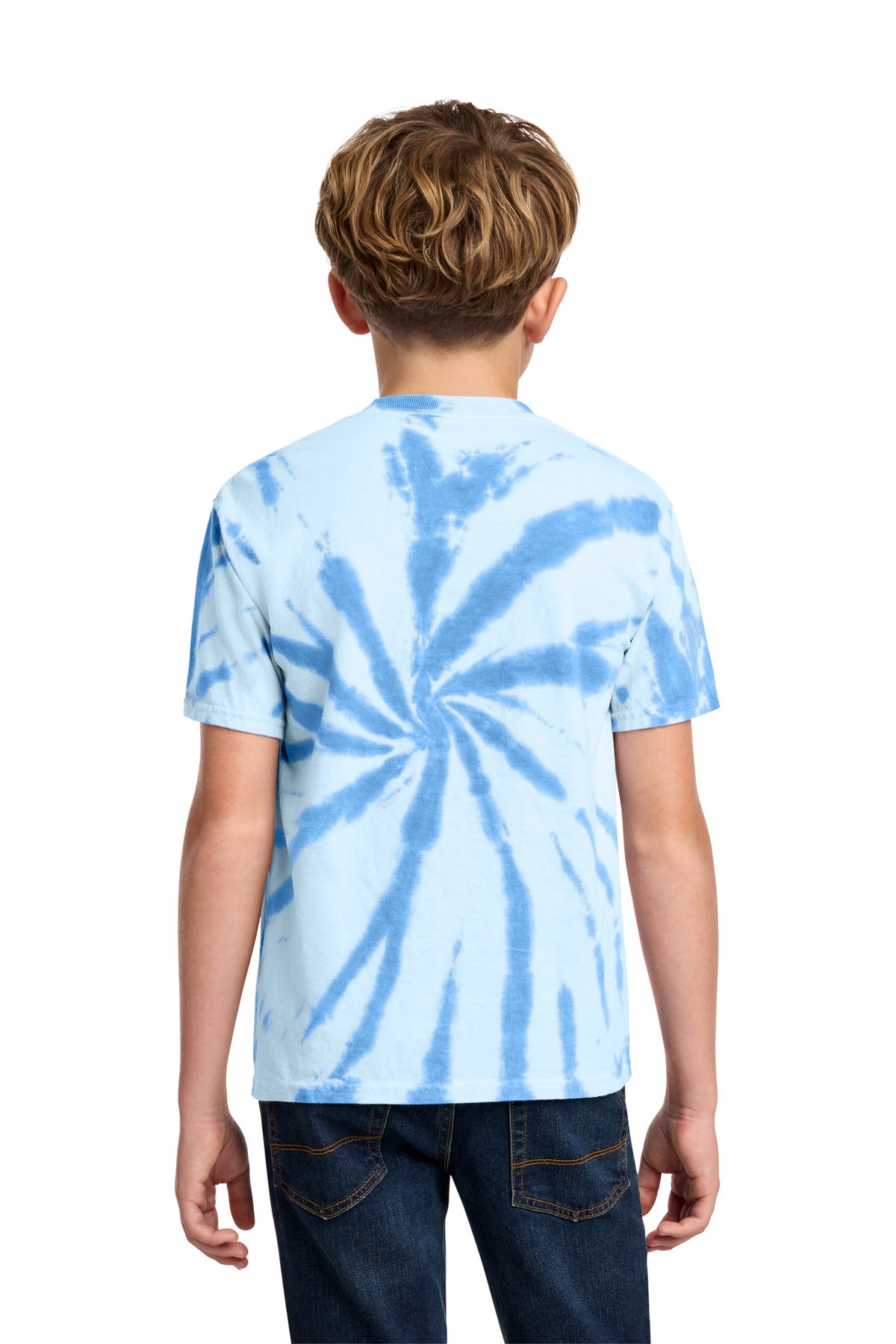 Rear View of Light Blue Port & Co Youth Tie-Dye Tee. PC147Y plain